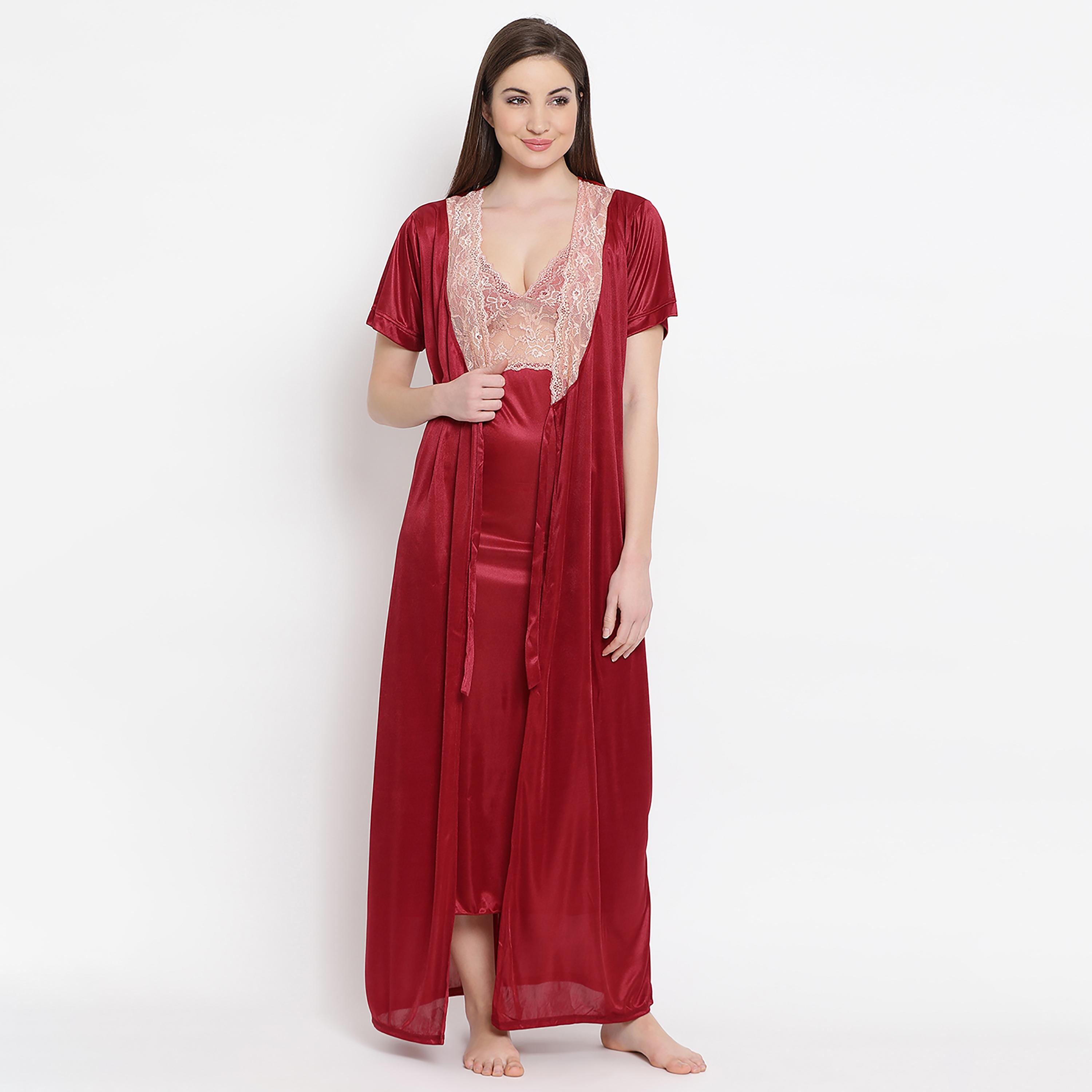 Clovia Lace Shoulder Strap Night Dress with Robe-women-clothing-nightwear-nighties-image-3