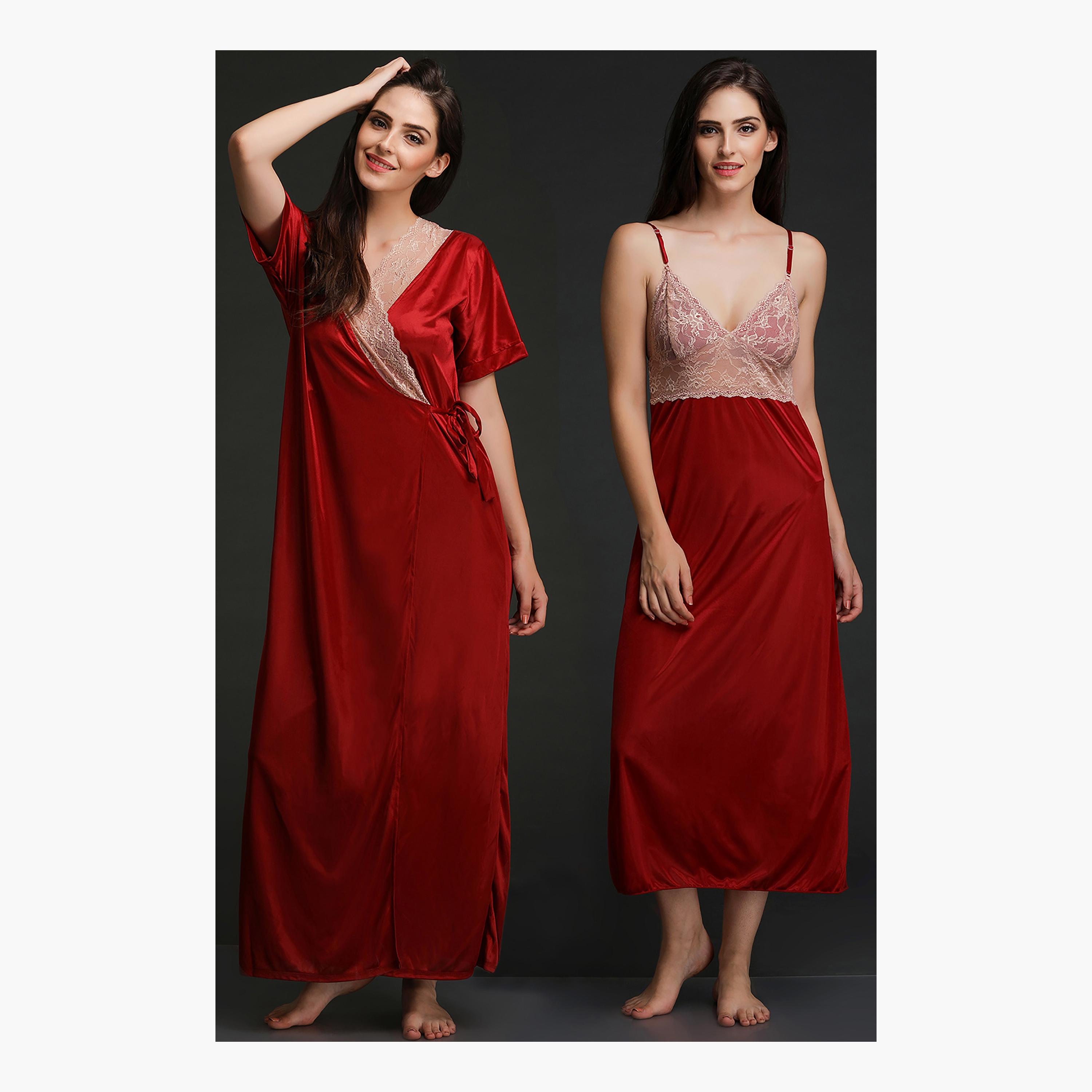 Clovia Lace Shoulder Strap Night Dress with Robe-women-clothing-nightwear-nighties-image-1