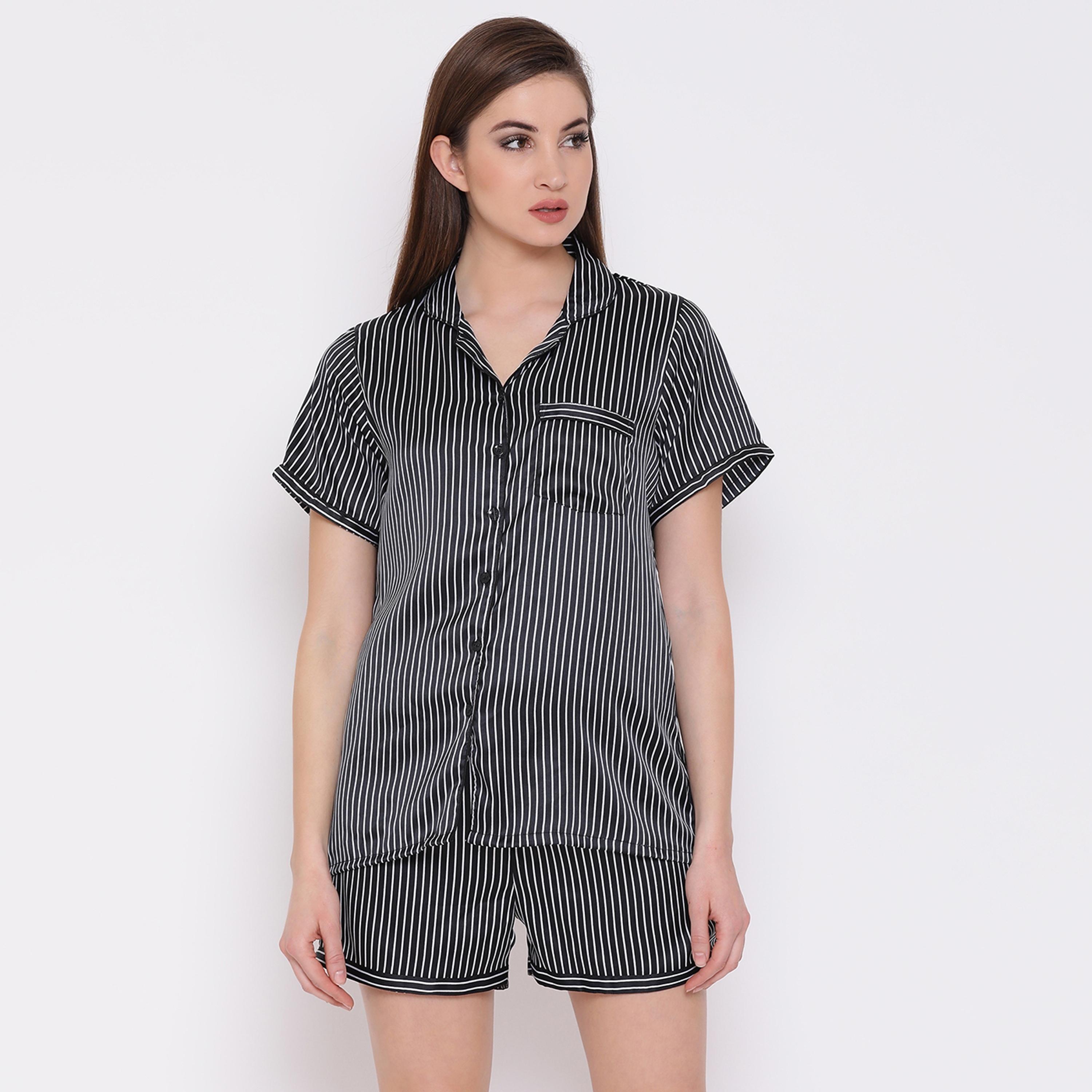 Clovia Set of Stripes Collared Shirt with Shorts-women-clothing-nightwear-pyjamas-longsets-image-2