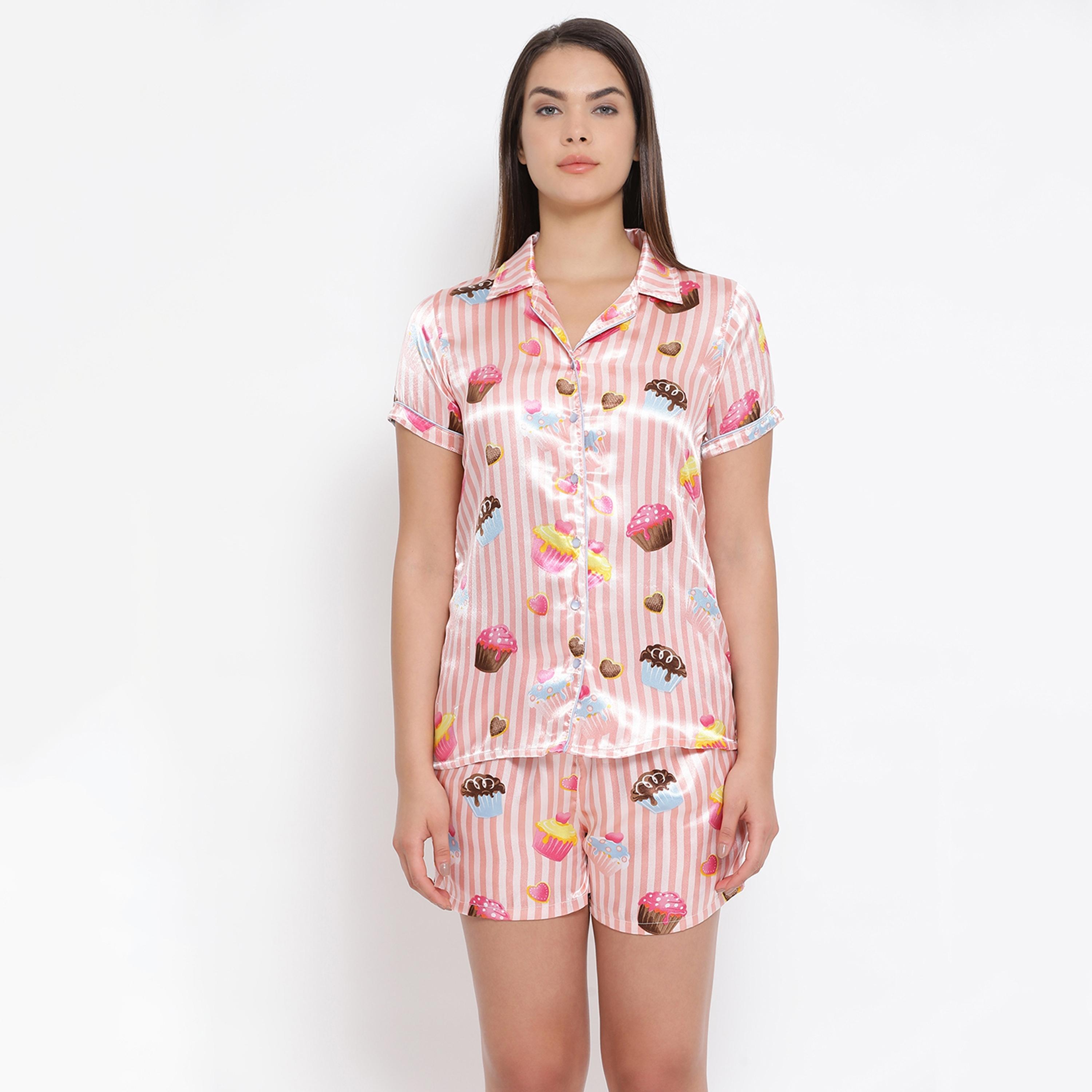 Clovia Set of Printed Collared Shirt with Shorts-women-clothing-nightwear-pyjamas-longsets-image-2