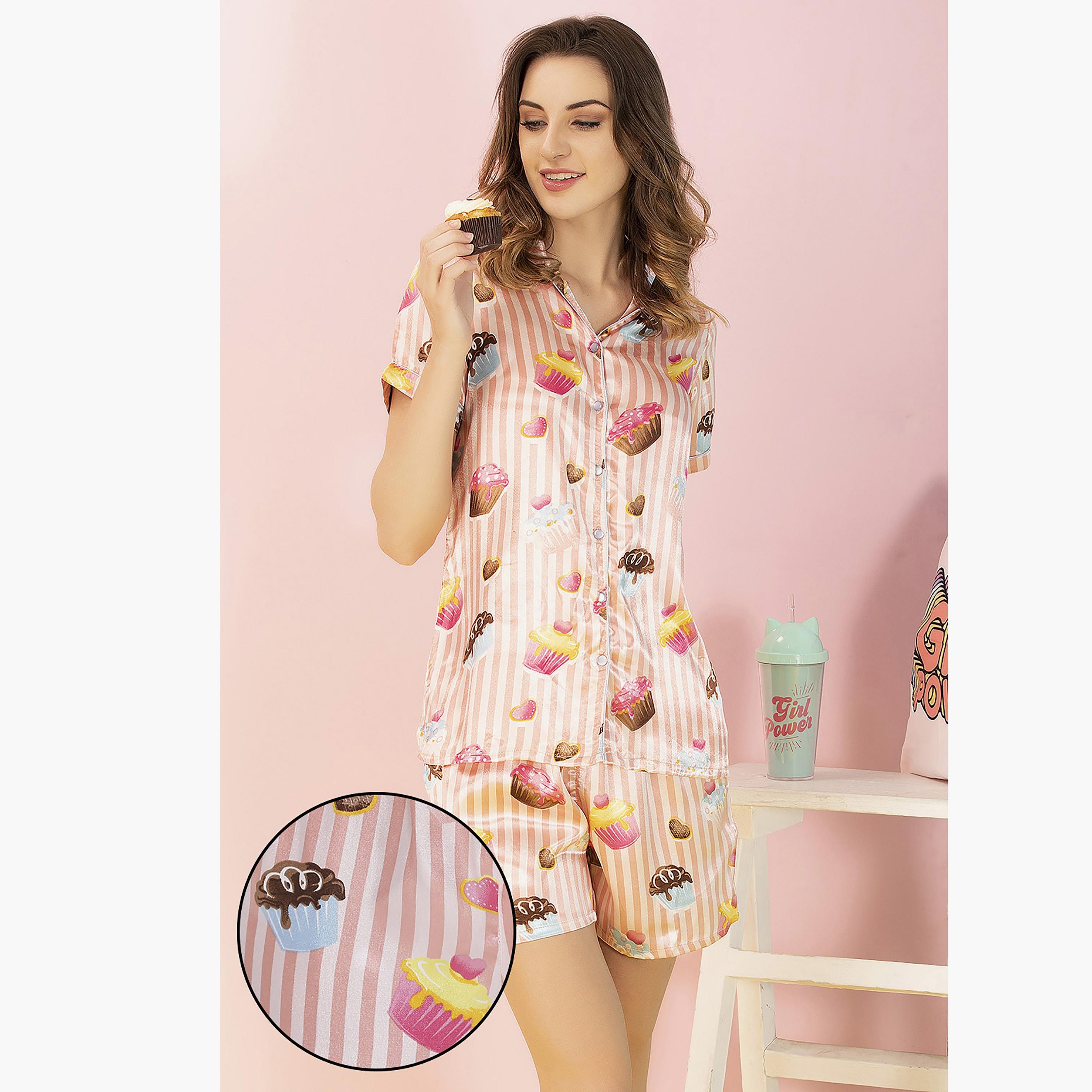 Clovia Set of Printed Collared Shirt with Shorts-women-clothing-nightwear-pyjamas-longsets-image-1