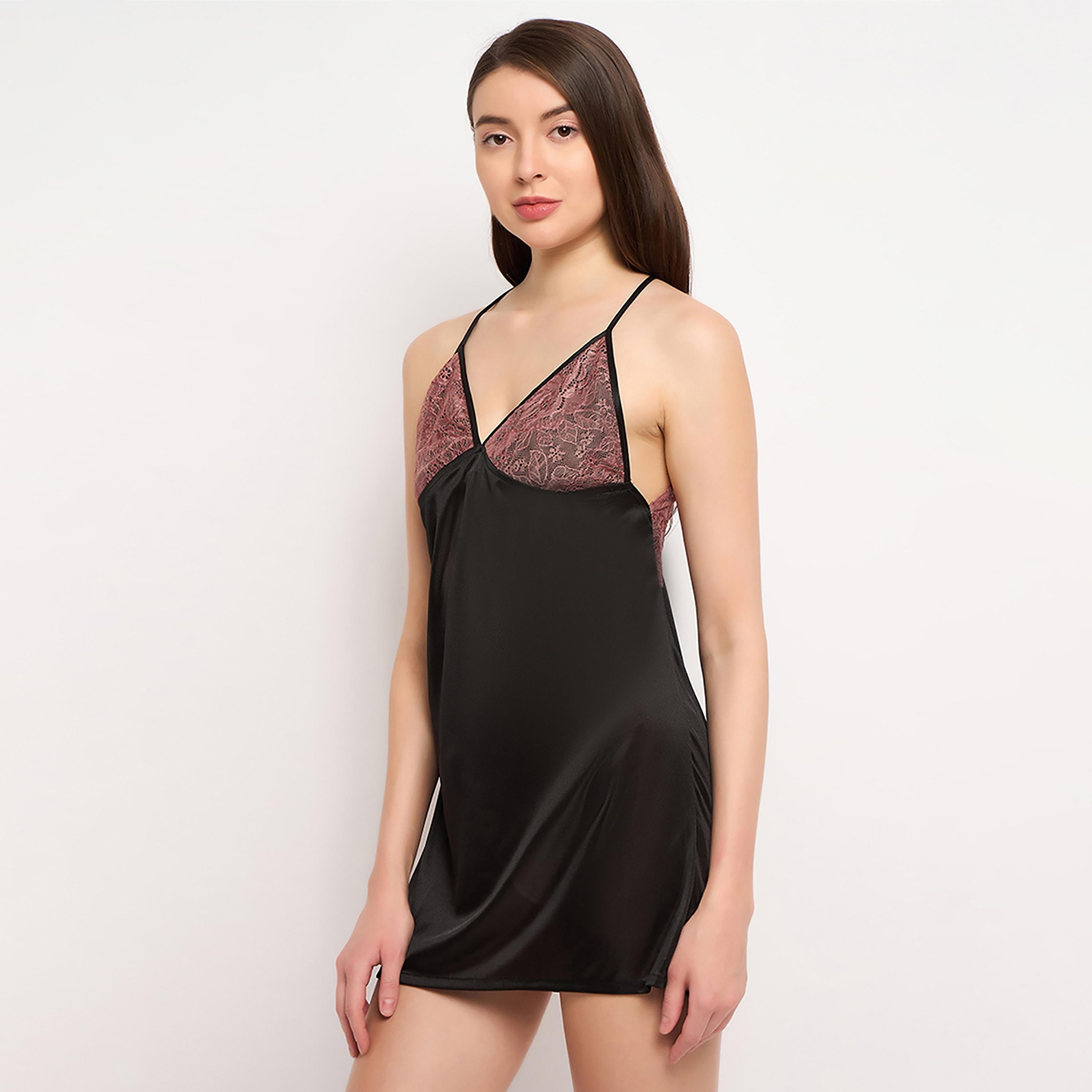 Clovia Satin Short Women's Nighty with Lacy Cups & Stylised Back in Black-women-clothing-nightwear-nighties-image-2