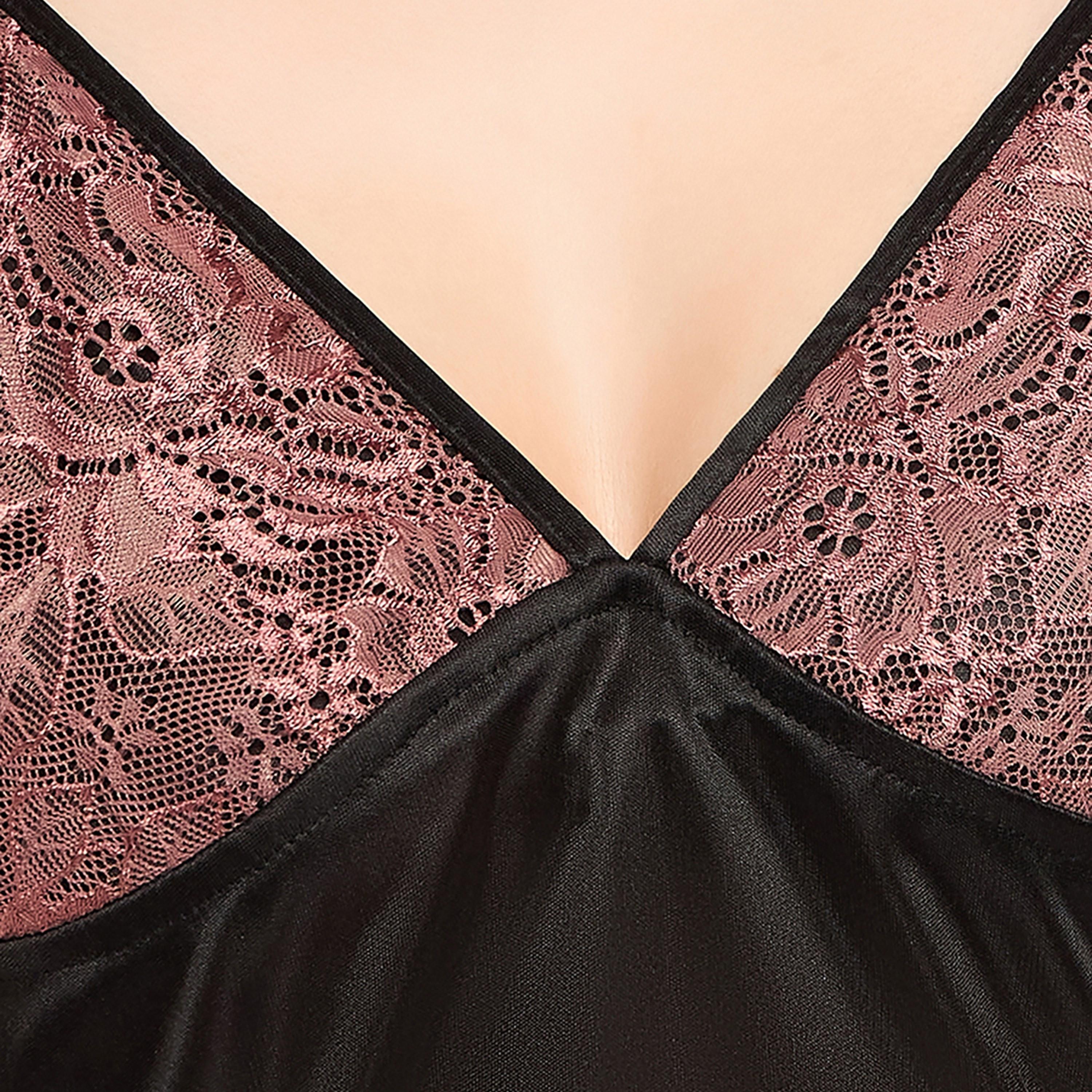 Clovia Satin Short Women's Nighty with Lacy Cups & Stylised Back in Black-women-clothing-nightwear-nighties-image-5