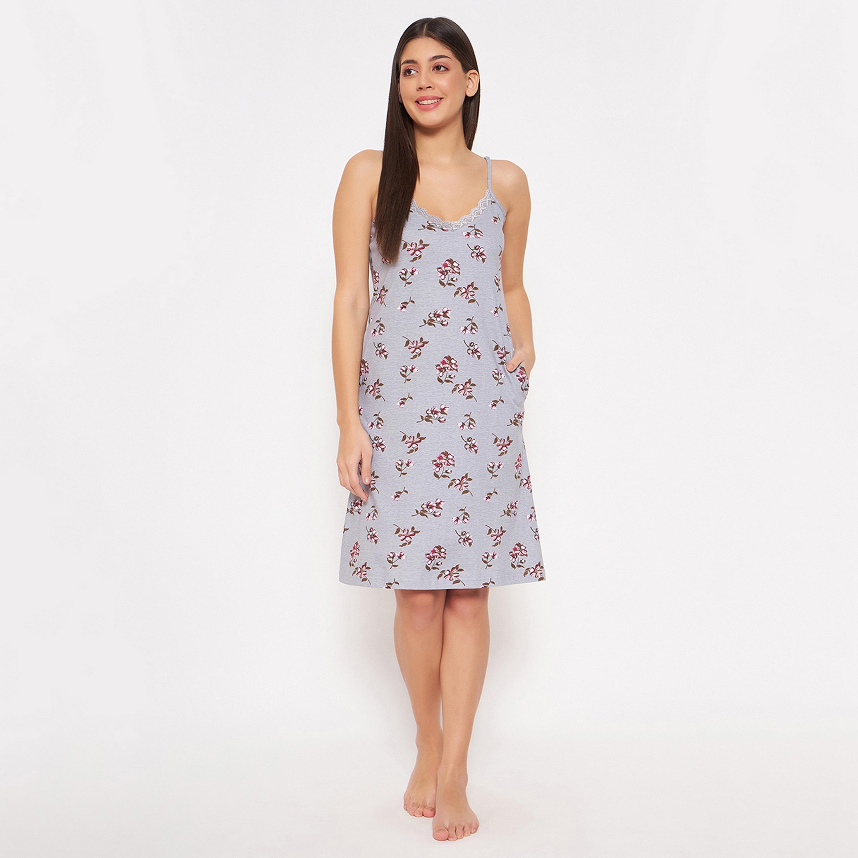 Clovia Pretty Floral Women's Short Night Dress in Grey - Pure Cotton-women-clothing-nightwear-nighties-image-1