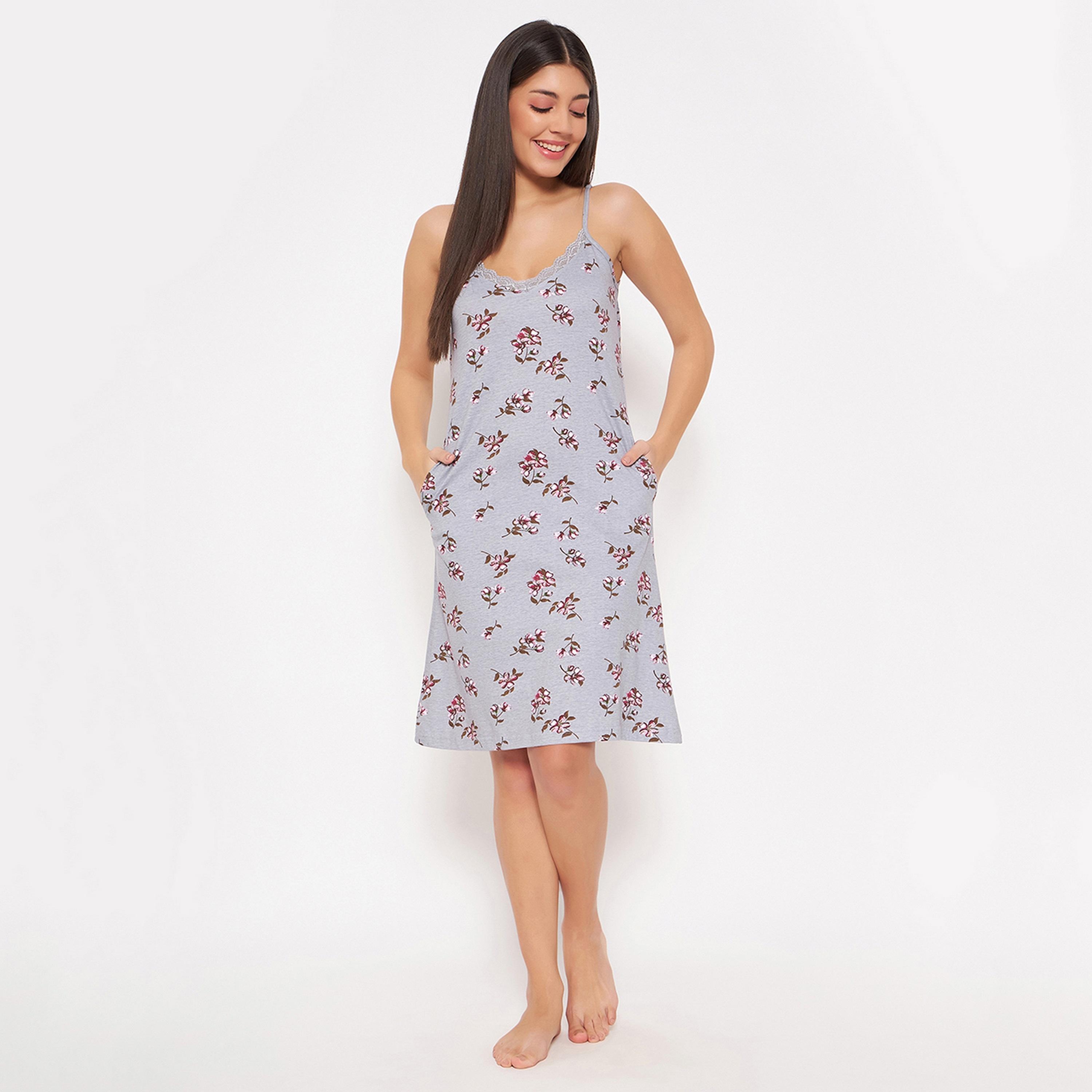 Clovia Pretty Floral Women's Short Night Dress in Grey - Pure Cotton-women-clothing-nightwear-nighties-image-2