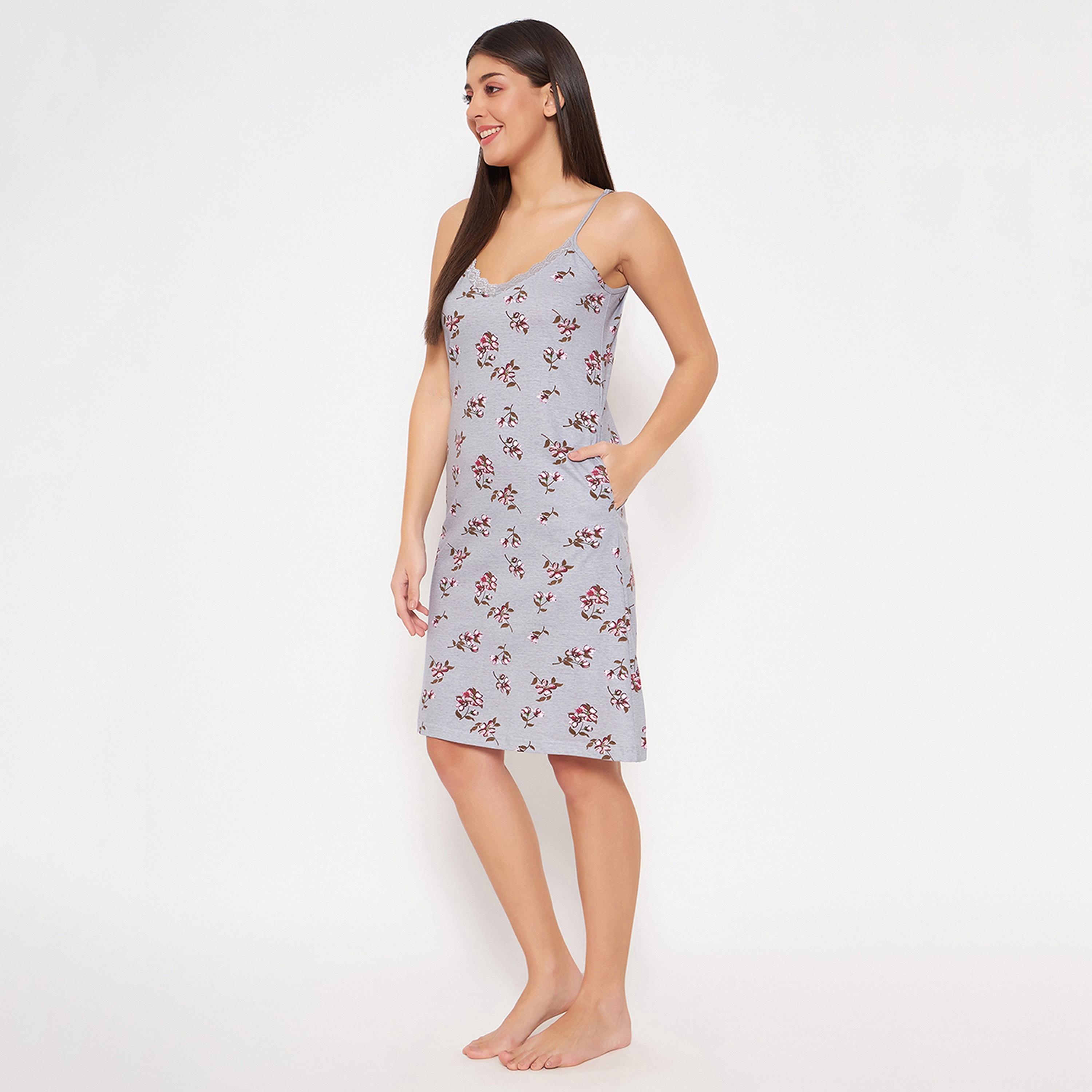 Clovia Pretty Floral Women's Short Night Dress in Grey - Pure Cotton-women-clothing-nightwear-nighties-image-3