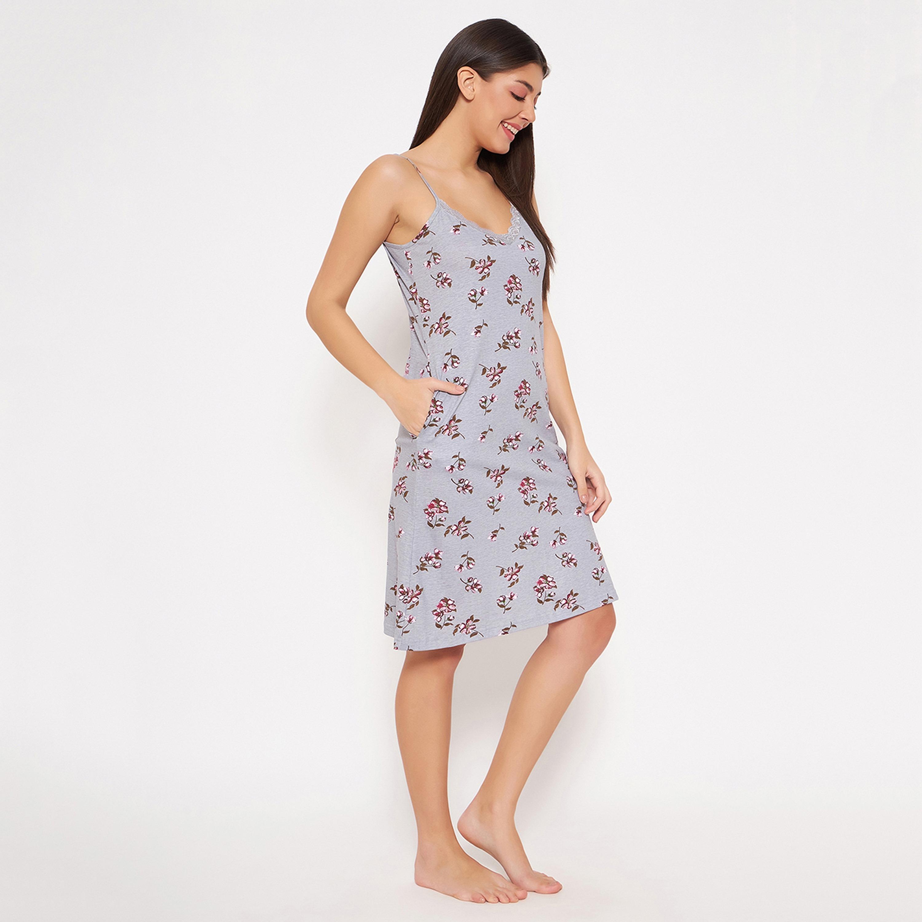 Clovia Pretty Floral Women's Short Night Dress in Grey - Pure Cotton-women-clothing-nightwear-nighties-image-4