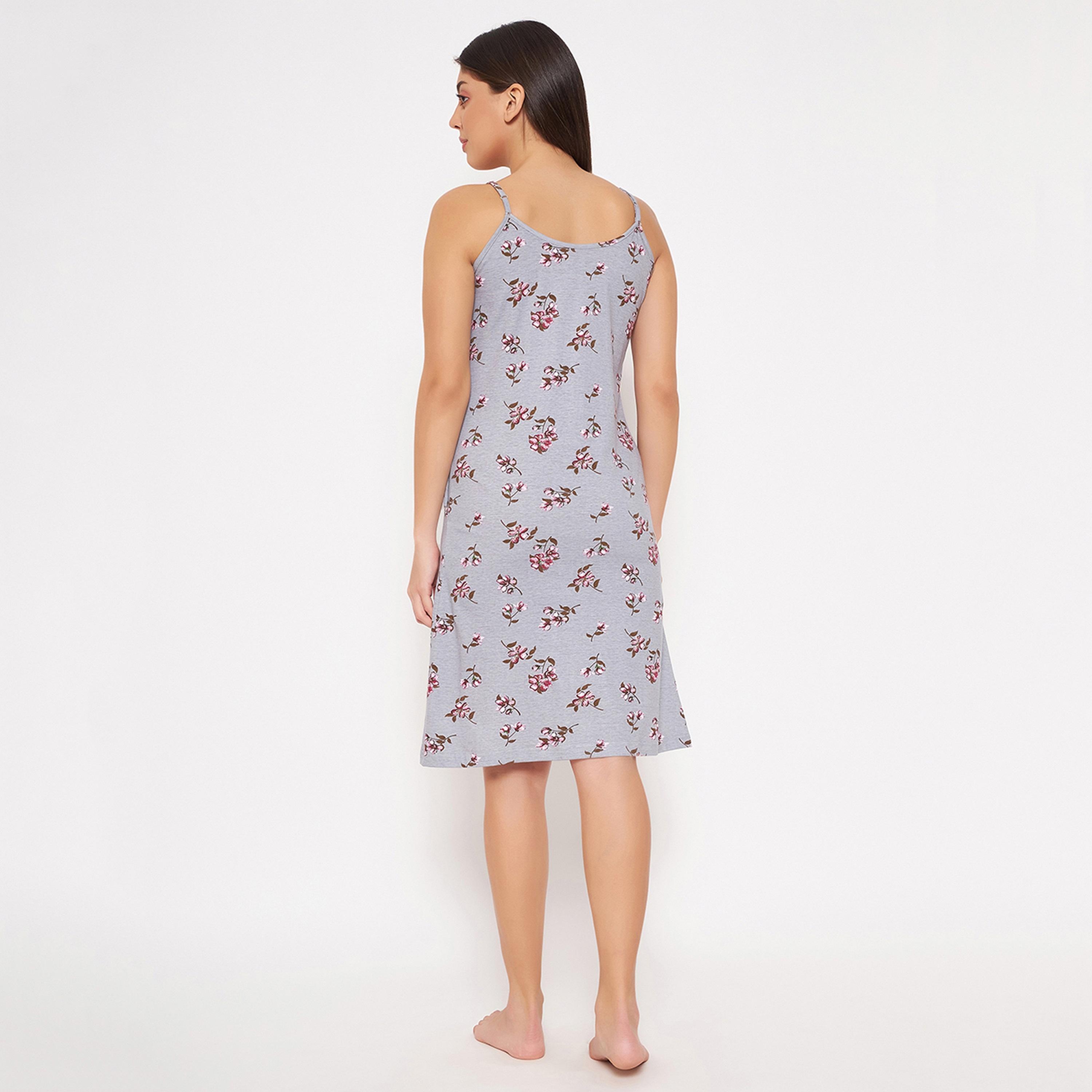 Clovia Pretty Floral Women's Short Night Dress in Grey - Pure Cotton-women-clothing-nightwear-nighties-image-5