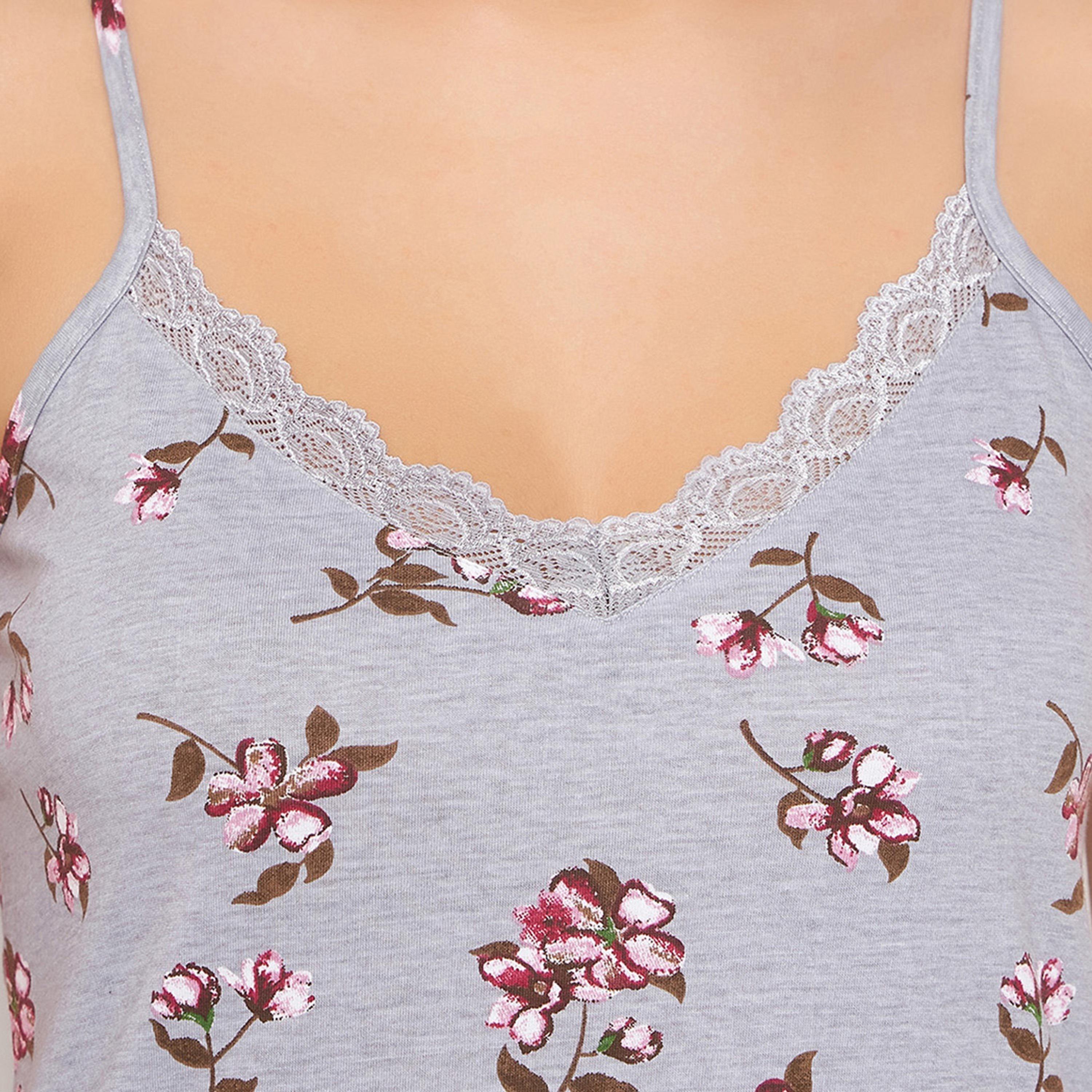 Clovia Pretty Floral Women's Short Night Dress in Grey - Pure Cotton-women-clothing-nightwear-nighties-image-6