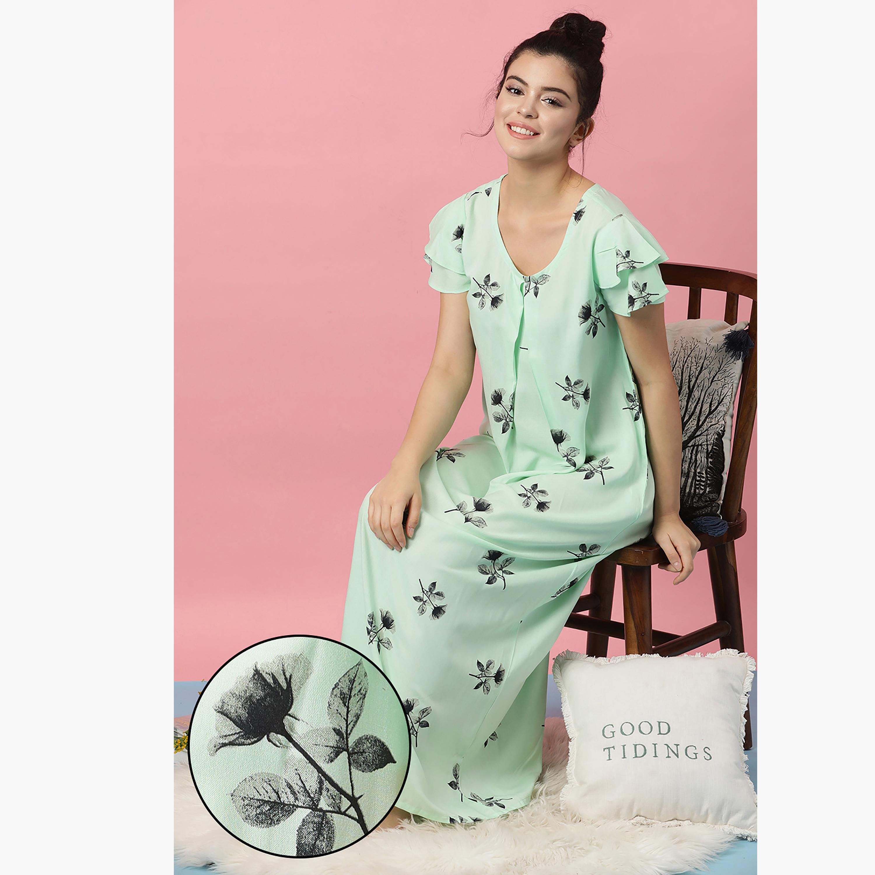 Clovia Printed Round Neck Long Night Dress-women-clothing-nightwear-nighties-image-1