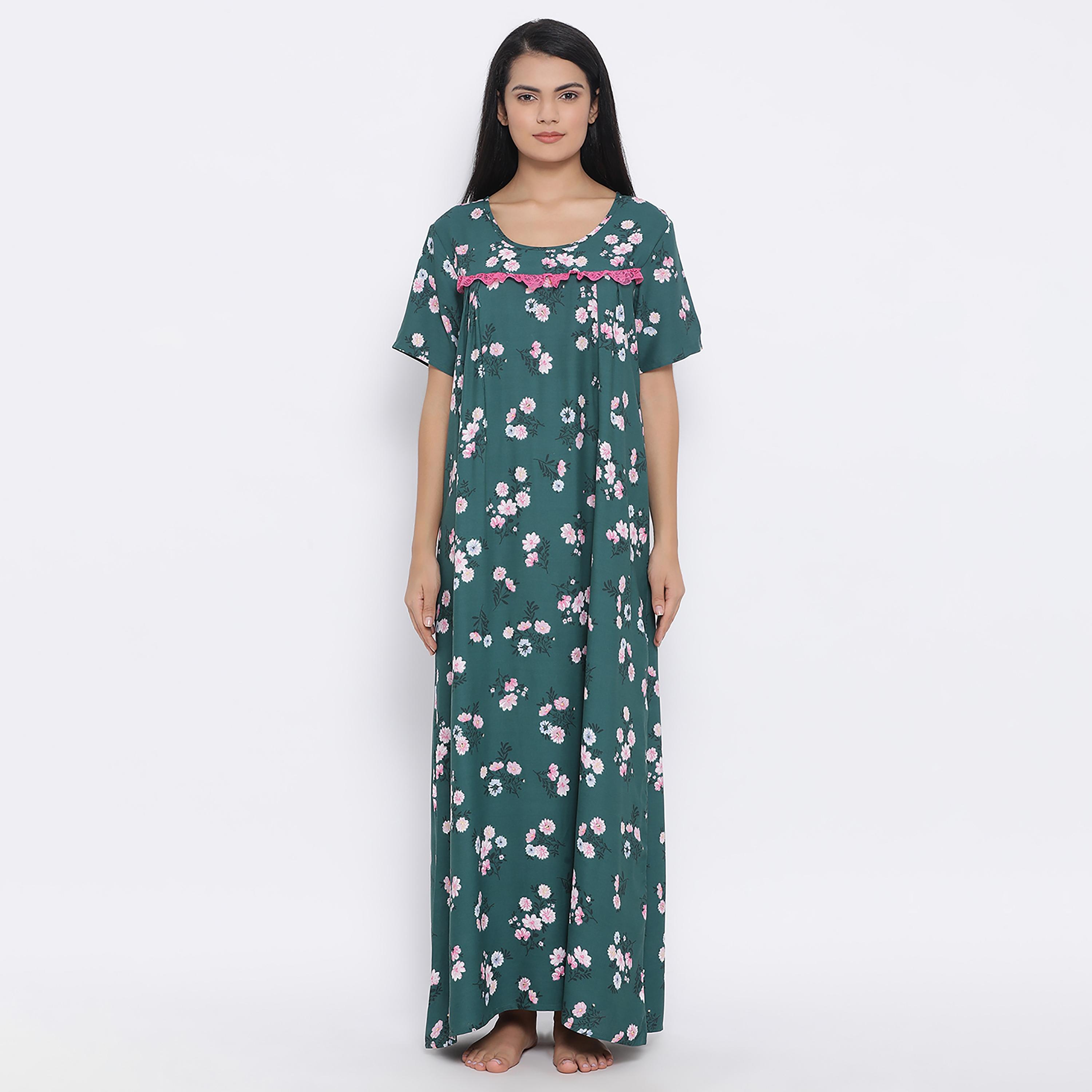 Clovia Floral Round Neck Long Night Dress-women-clothing-nightwear-nighties-image-2