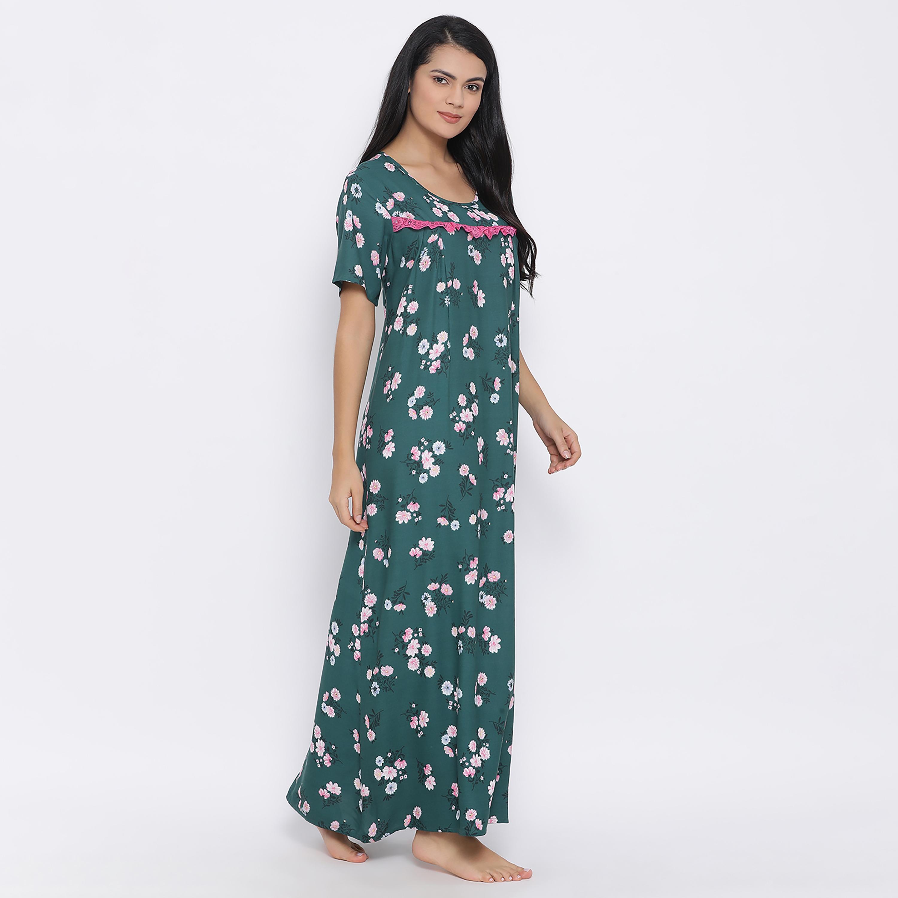 Clovia Floral Round Neck Long Night Dress-women-clothing-nightwear-nighties-image-3