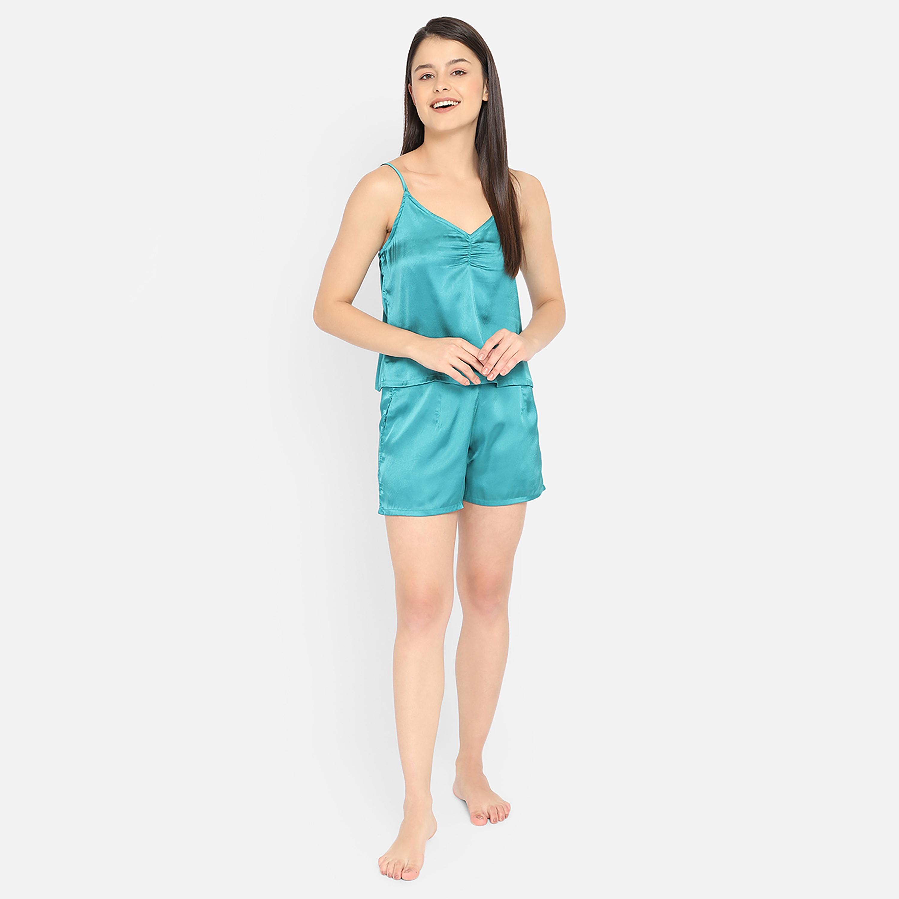 كلوفيا شيك بيسك قميص كامي نسائي بلوزة وشورت باللون الأزرق المائي - ستان-women-clothing-nightwear-pyjamas-longsets-image-2