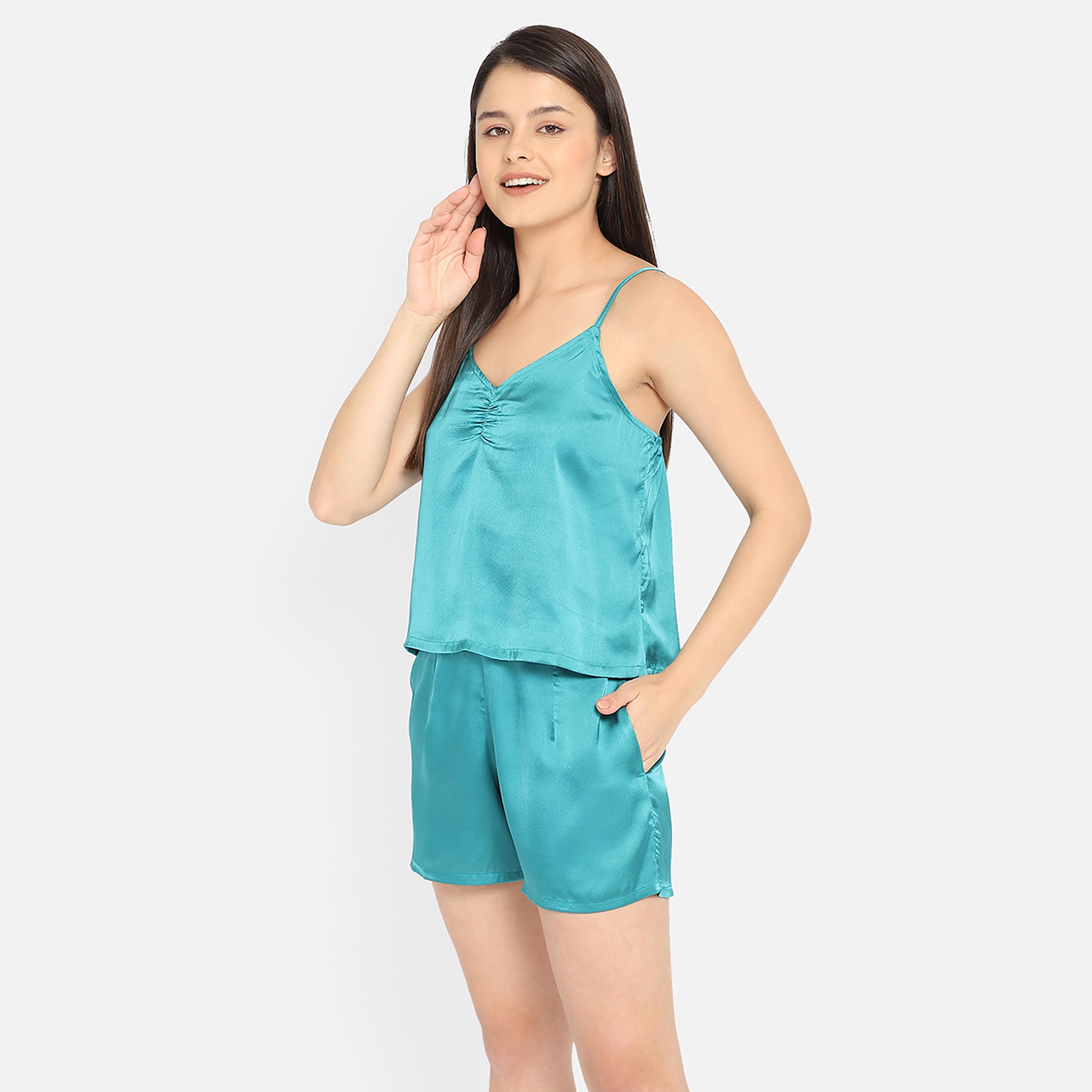 كلوفيا شيك بيسك قميص كامي نسائي بلوزة وشورت باللون الأزرق المائي - ستان-women-clothing-nightwear-pyjamas-longsets-image-4