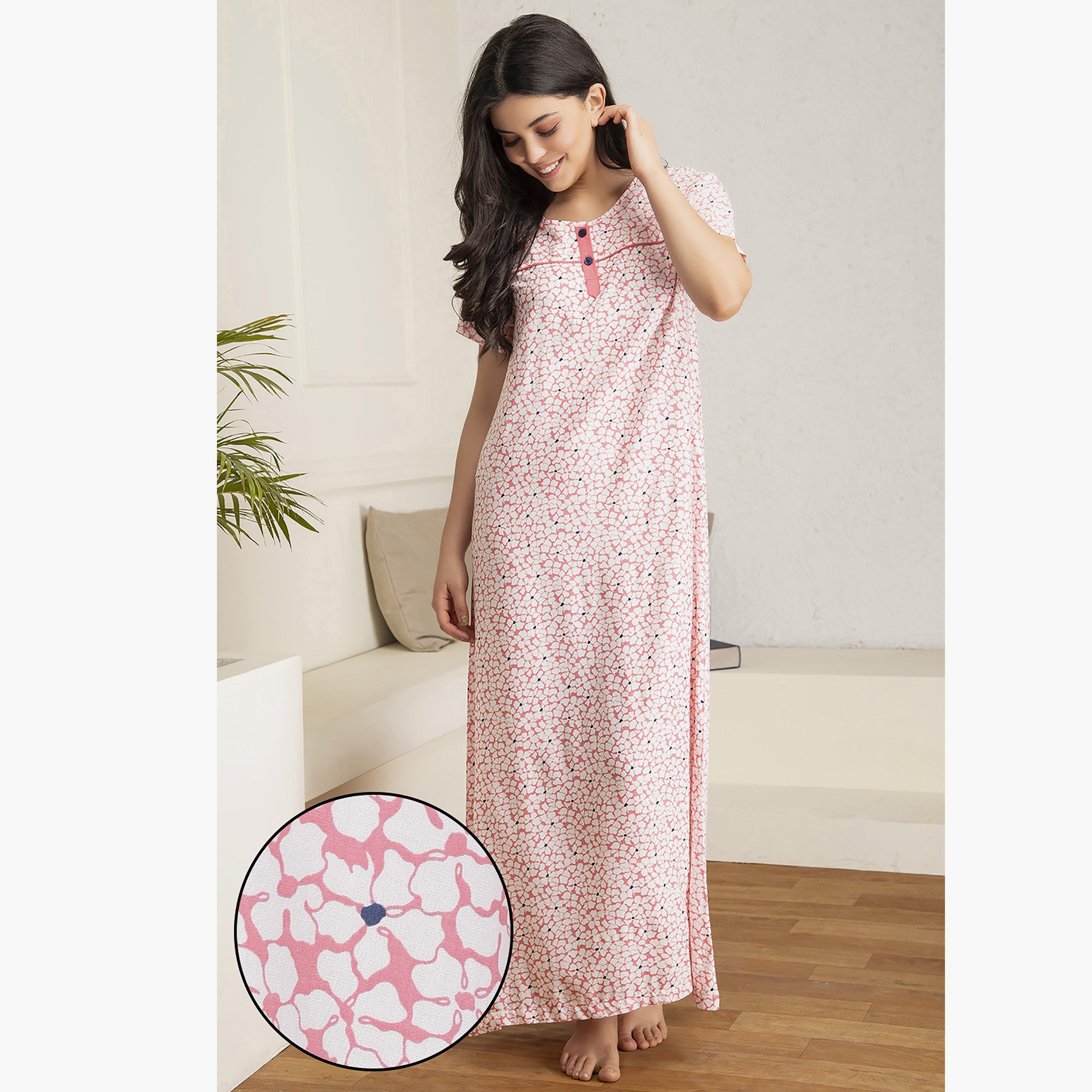 Clovia Floral Round Neck Long Night Dress-women-clothing-nightwear-nighties-image-1
