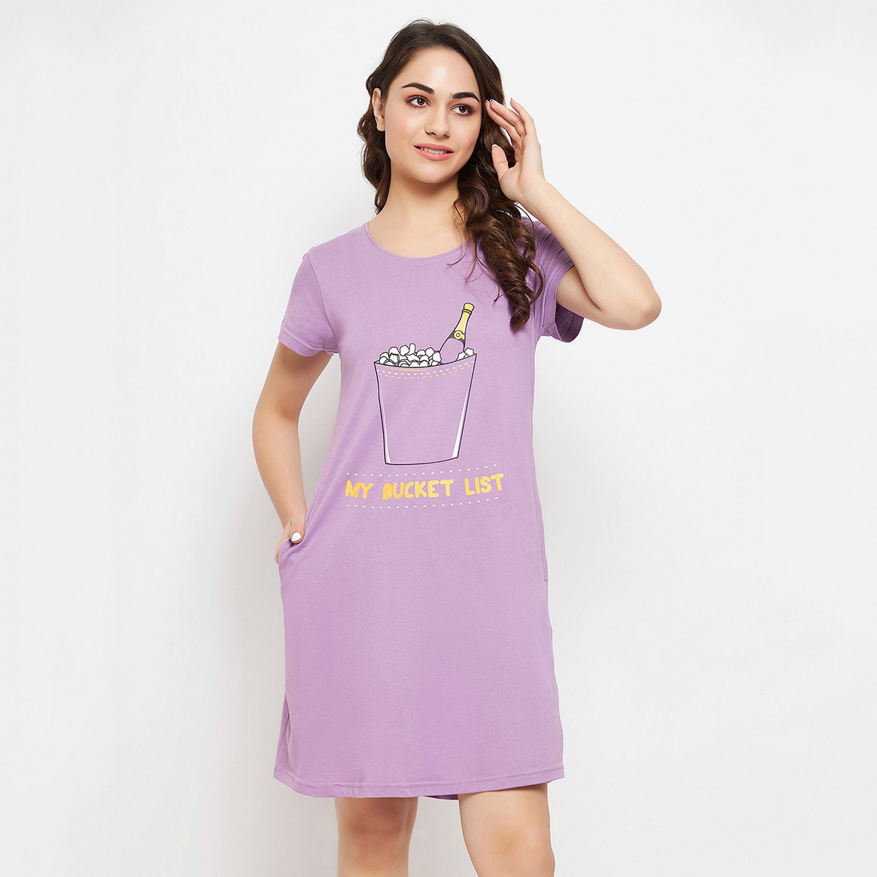 Clovia Quirky Quotes Women's Short Night Dress in Lavender - Pure Cotton-women-clothing-nightwear-nighties-image-1