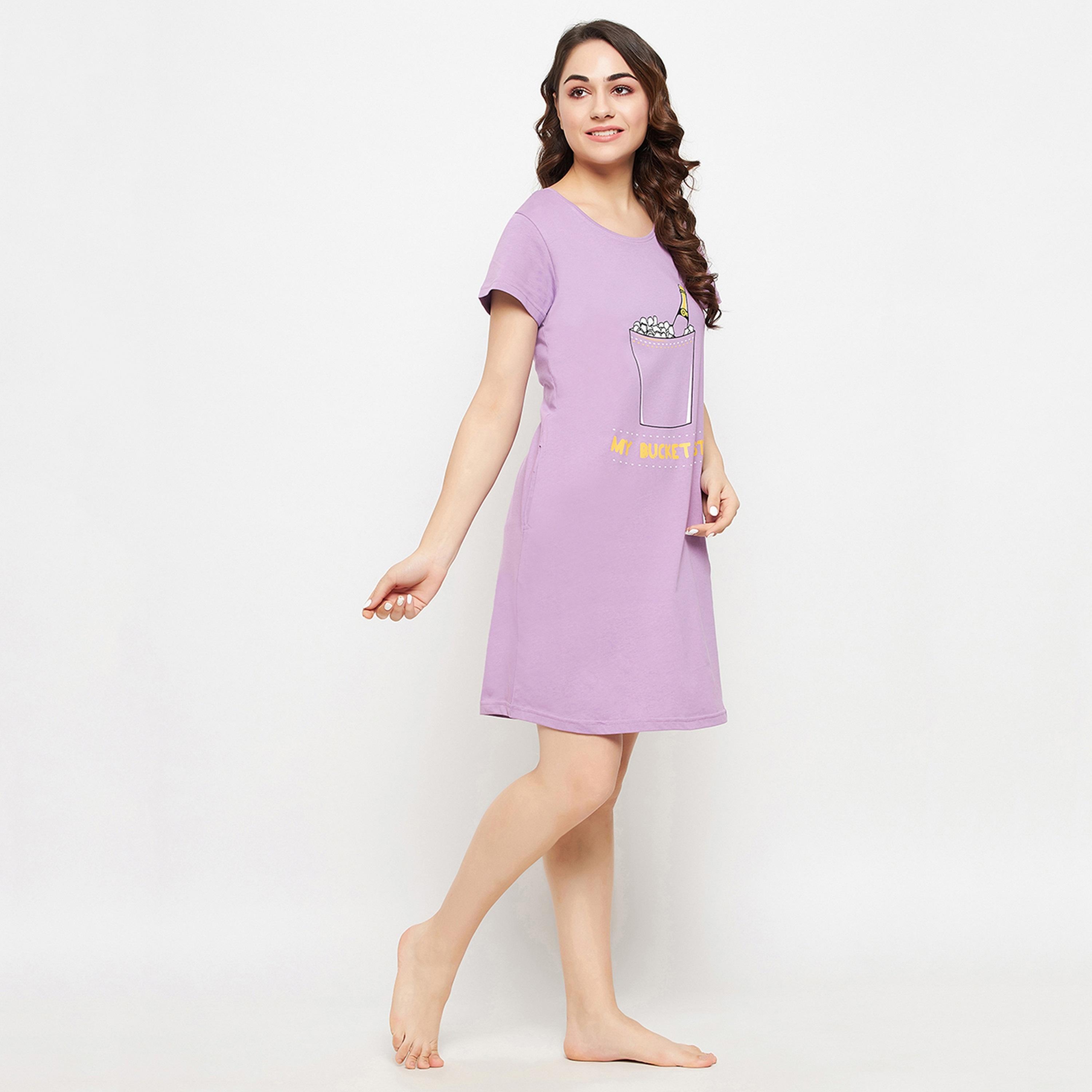 Clovia Quirky Quotes Women's Short Night Dress in Lavender - Pure Cotton-women-clothing-nightwear-nighties-image-2