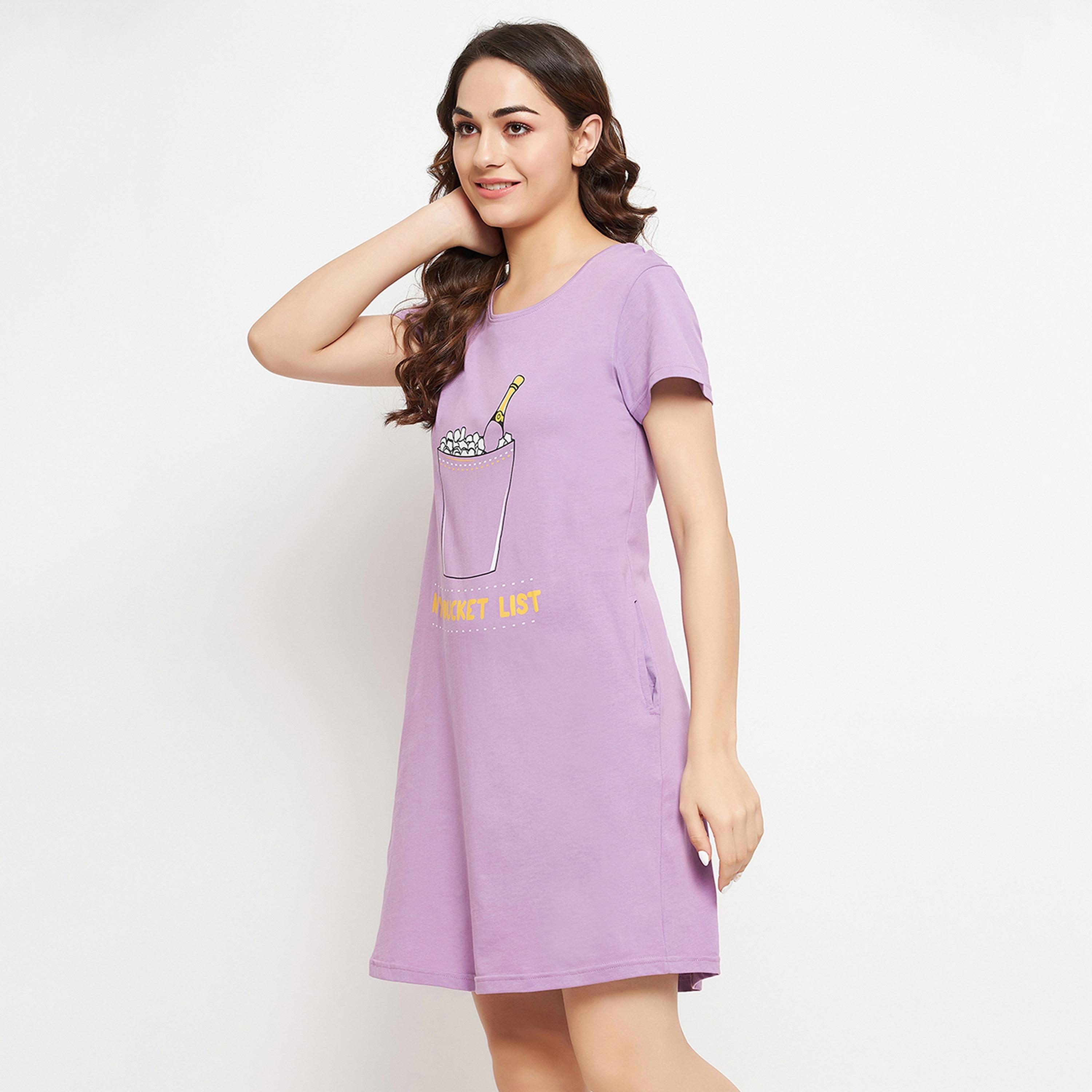 Clovia Quirky Quotes Women's Short Night Dress in Lavender - Pure Cotton-women-clothing-nightwear-nighties-image-3