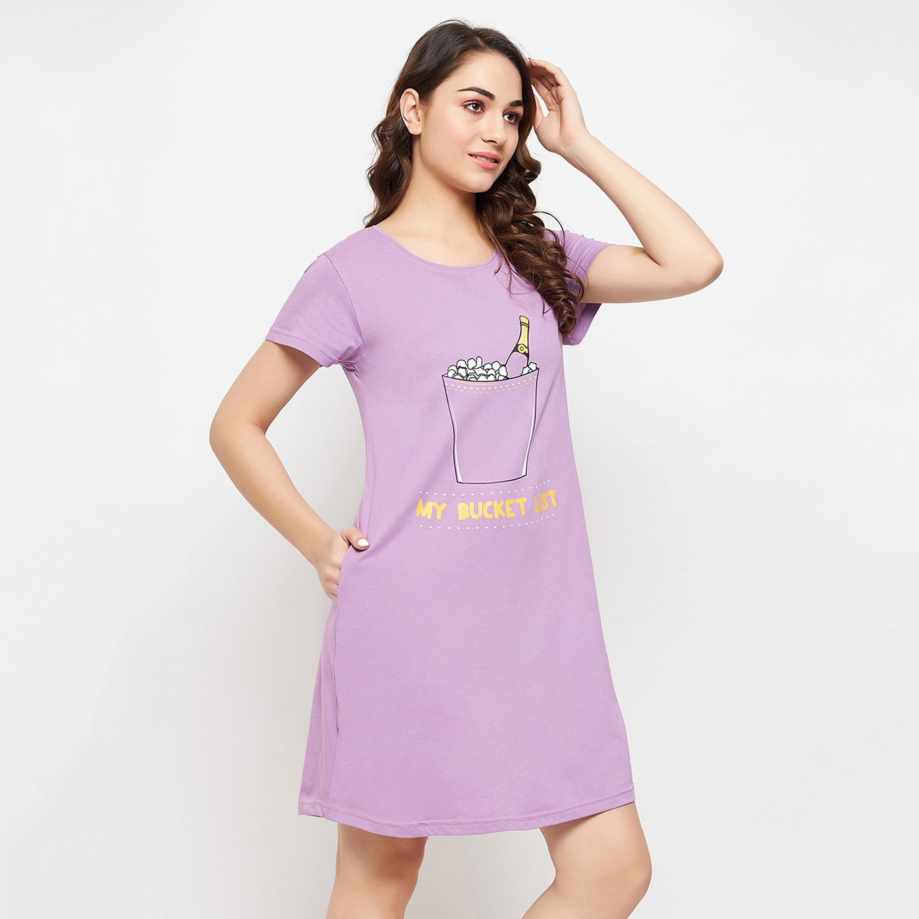 Clovia Quirky Quotes Women's Short Night Dress in Lavender - Pure Cotton-women-clothing-nightwear-nighties-image-4
