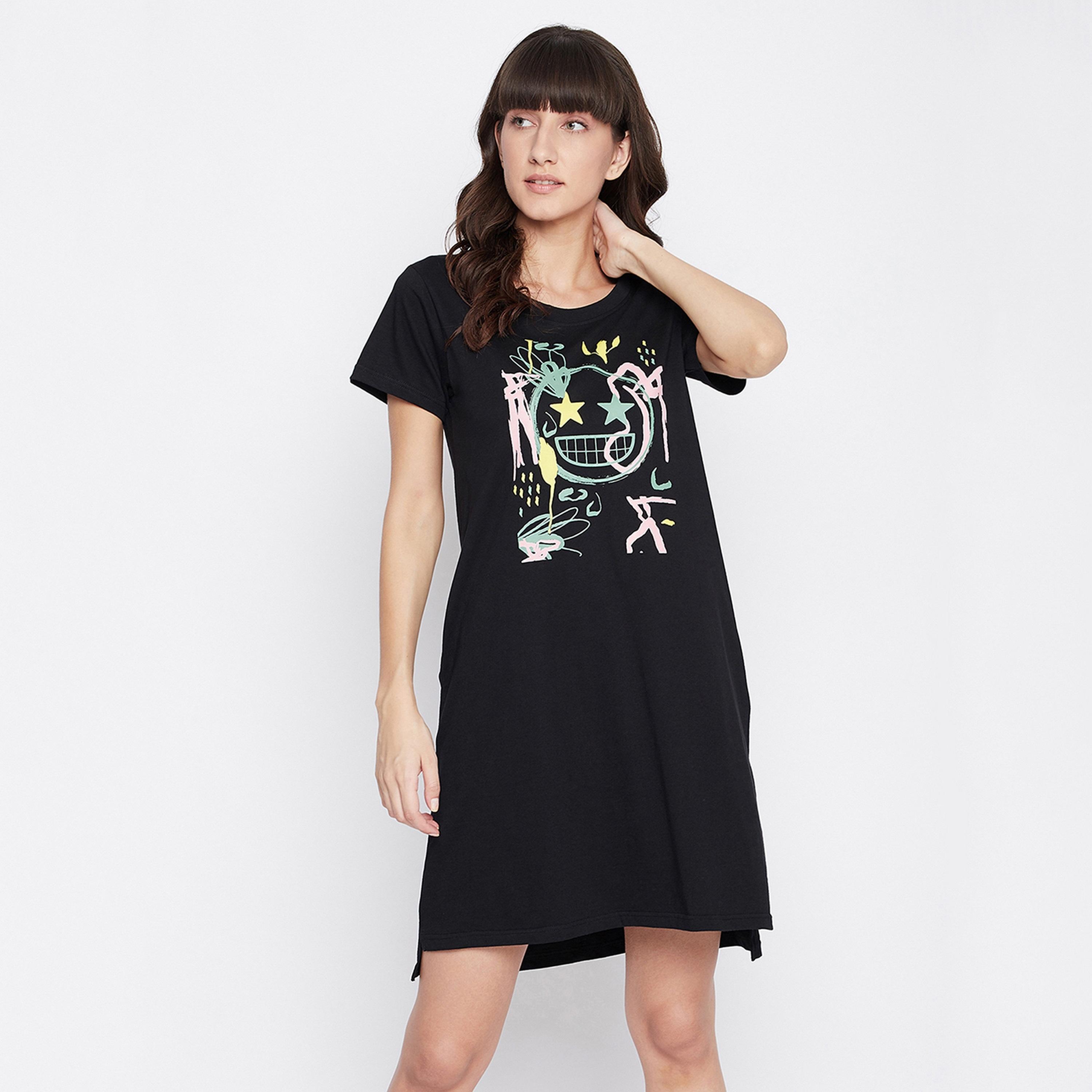Clovia Emoji Print Women's Short Night Dress in Black - 100 % Cotton-women-clothing-nightwear-nighties-image-1