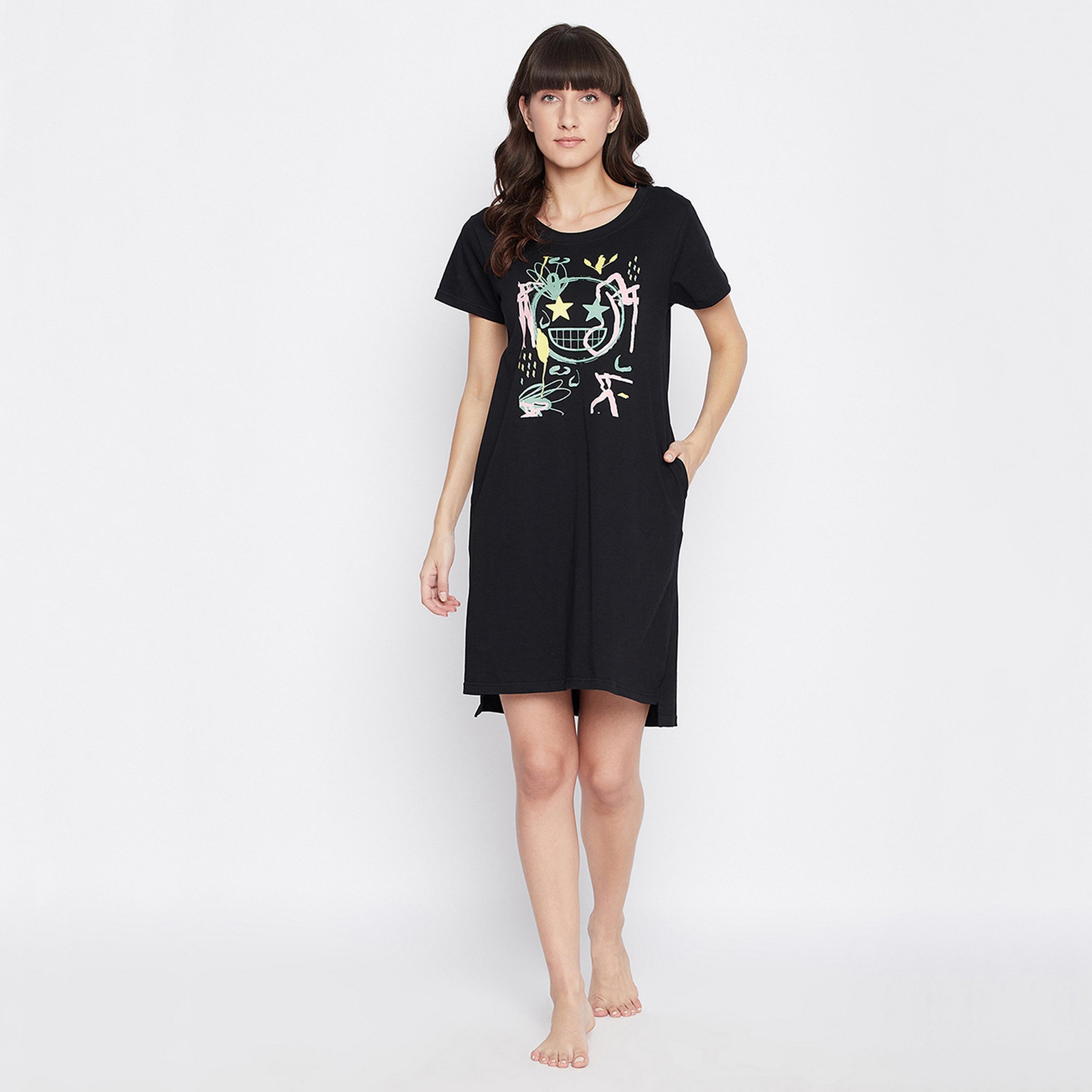 Clovia Emoji Print Women's Short Night Dress in Black - 100 % Cotton-women-clothing-nightwear-nighties-image-2