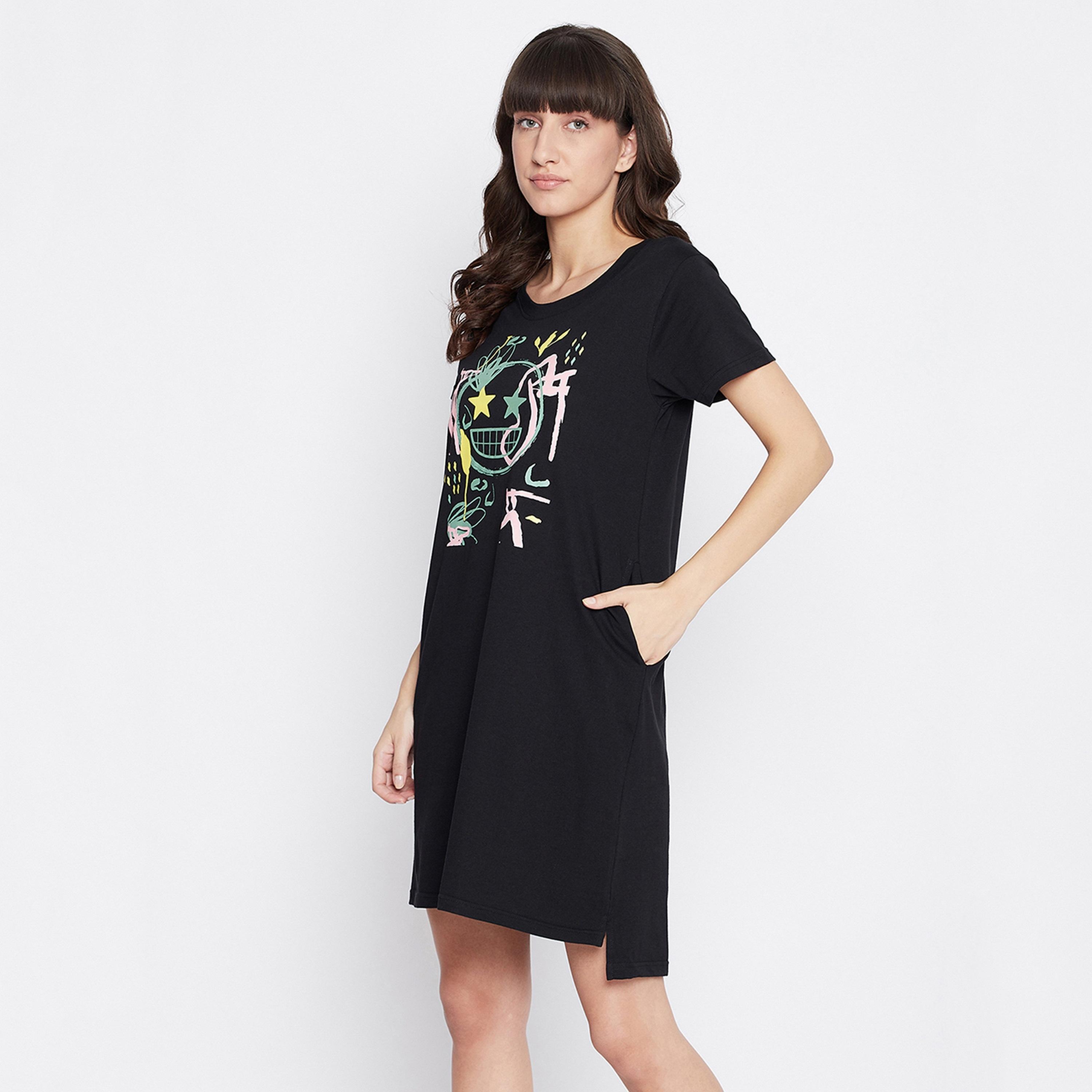 Clovia Emoji Print Women's Short Night Dress in Black - 100 % Cotton-women-clothing-nightwear-nighties-image-3