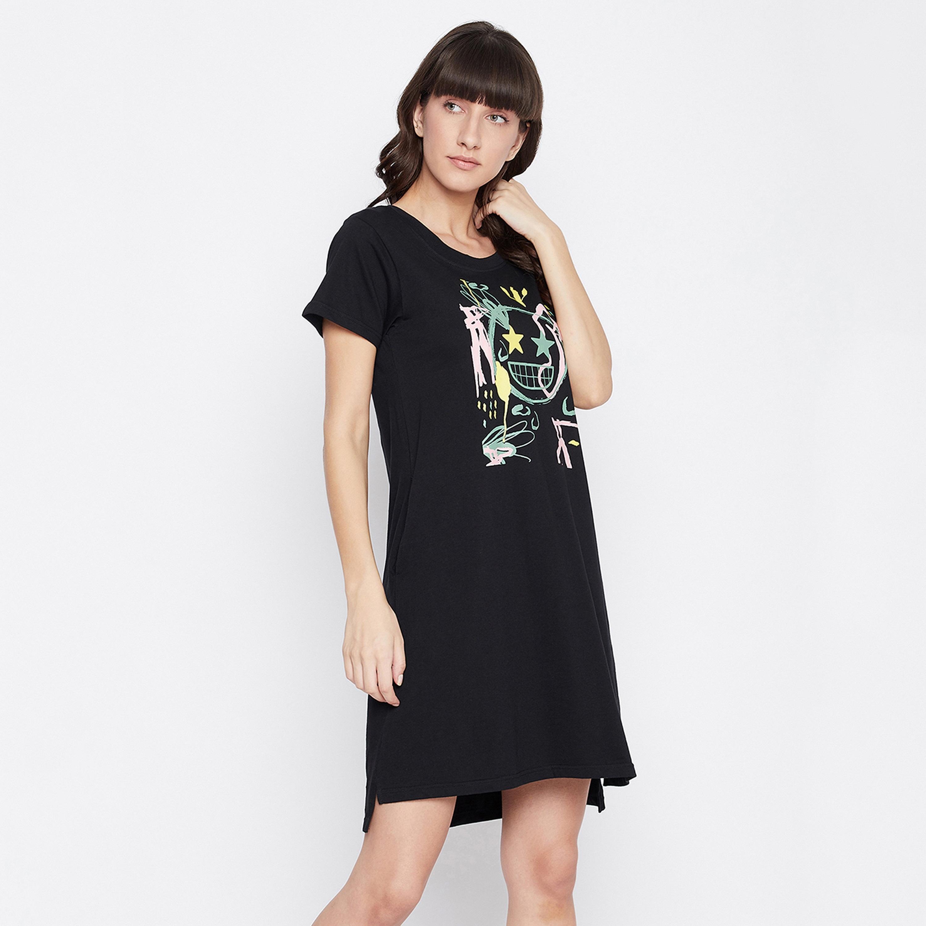 Clovia Emoji Print Women's Short Night Dress in Black - 100 % Cotton-women-clothing-nightwear-nighties-image-4