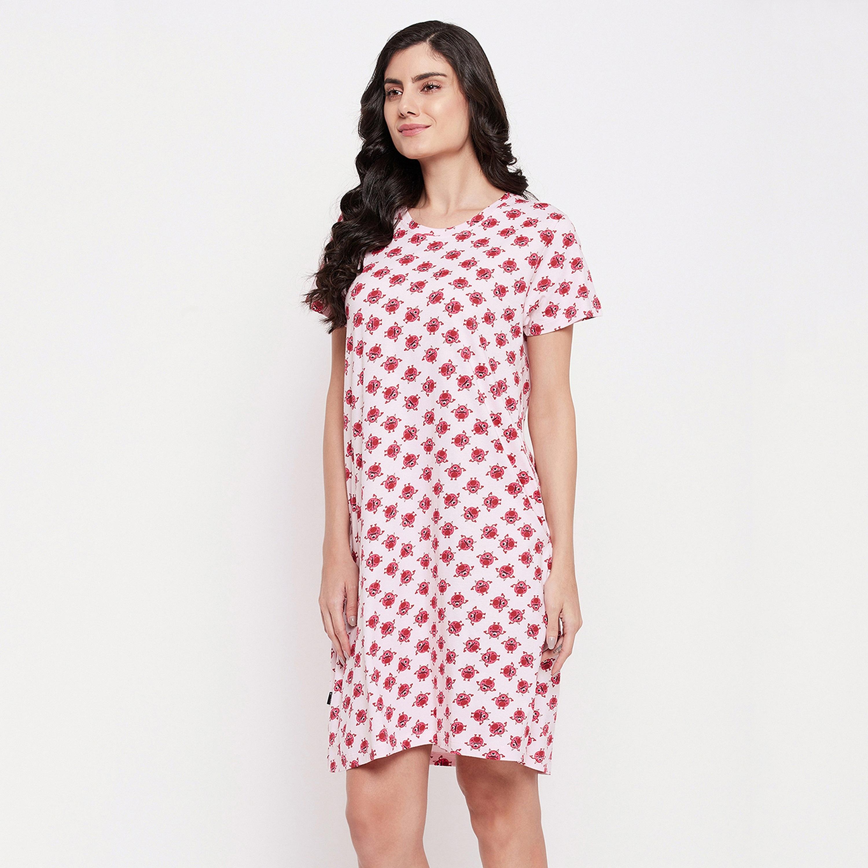 Clovia Women's Monster Emoji Print Long Sleep Tee in Soft Pink - Pure Cotton-women-clothing-nightwear-nighties-image-3