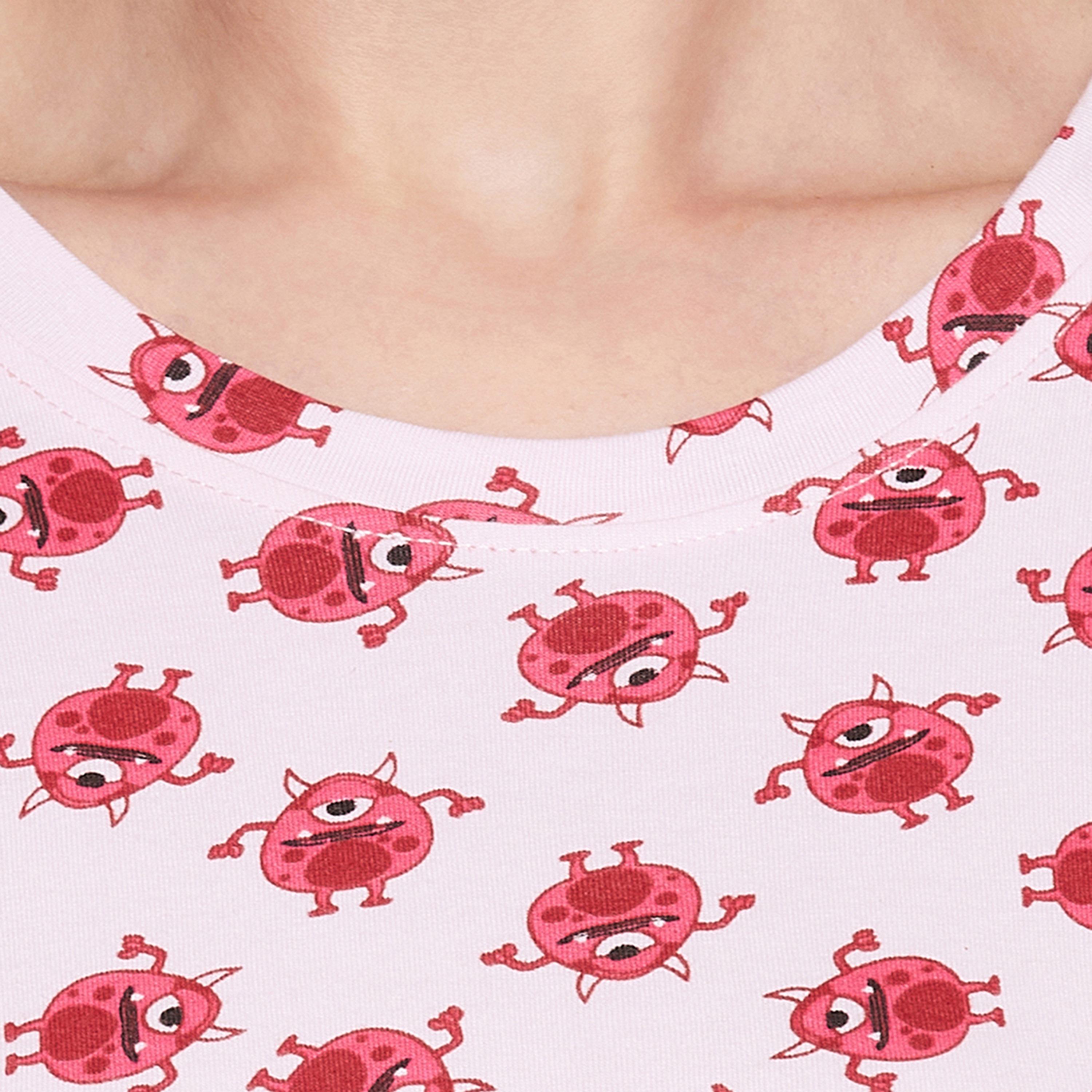 Clovia Women's Monster Emoji Print Long Sleep Tee in Soft Pink - Pure Cotton-women-clothing-nightwear-nighties-image-6