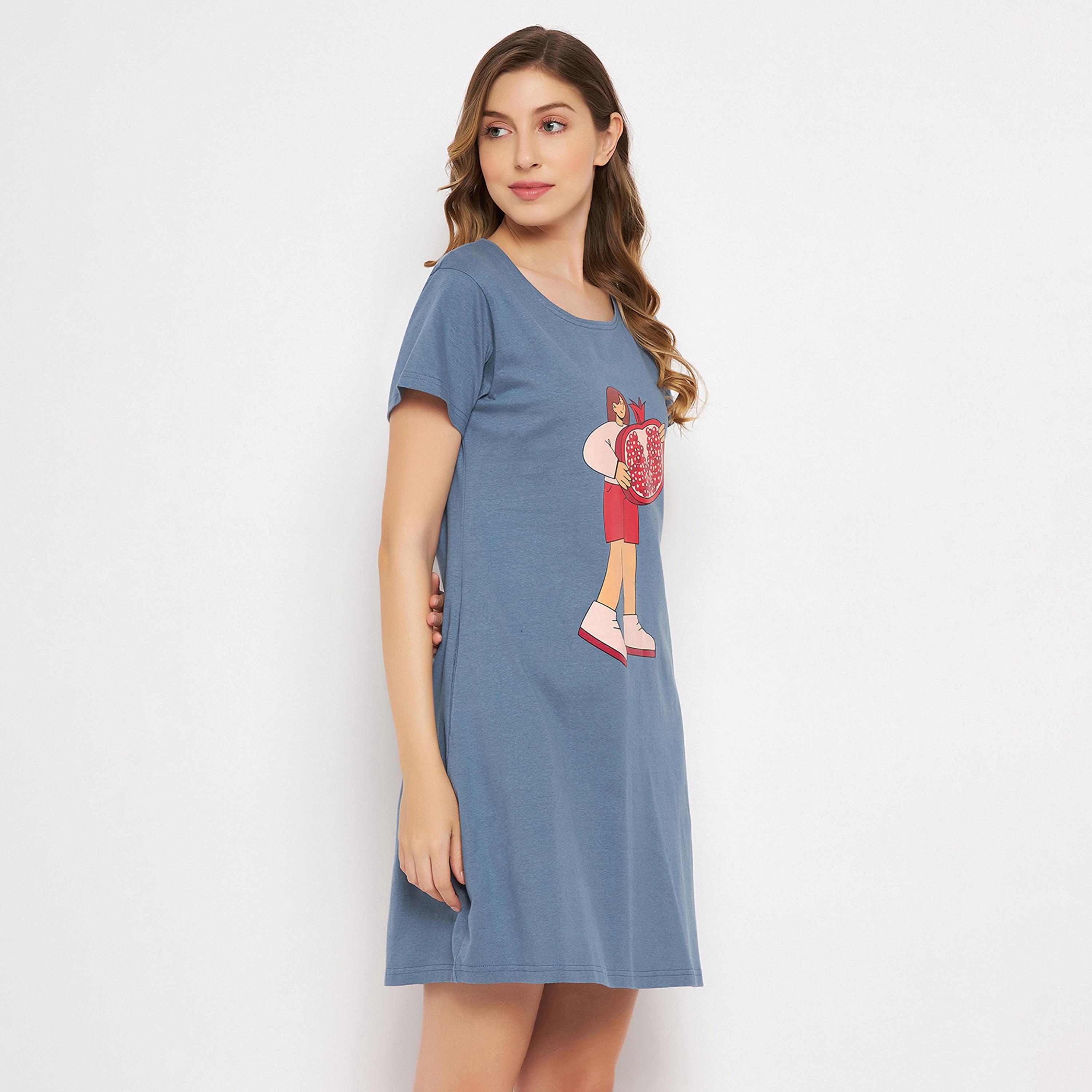 Clovia Tutti Fruity Women's Short Night Dress in Dusty Blue - 100% Cotton-women-clothing-nightwear-nighties-image-3
