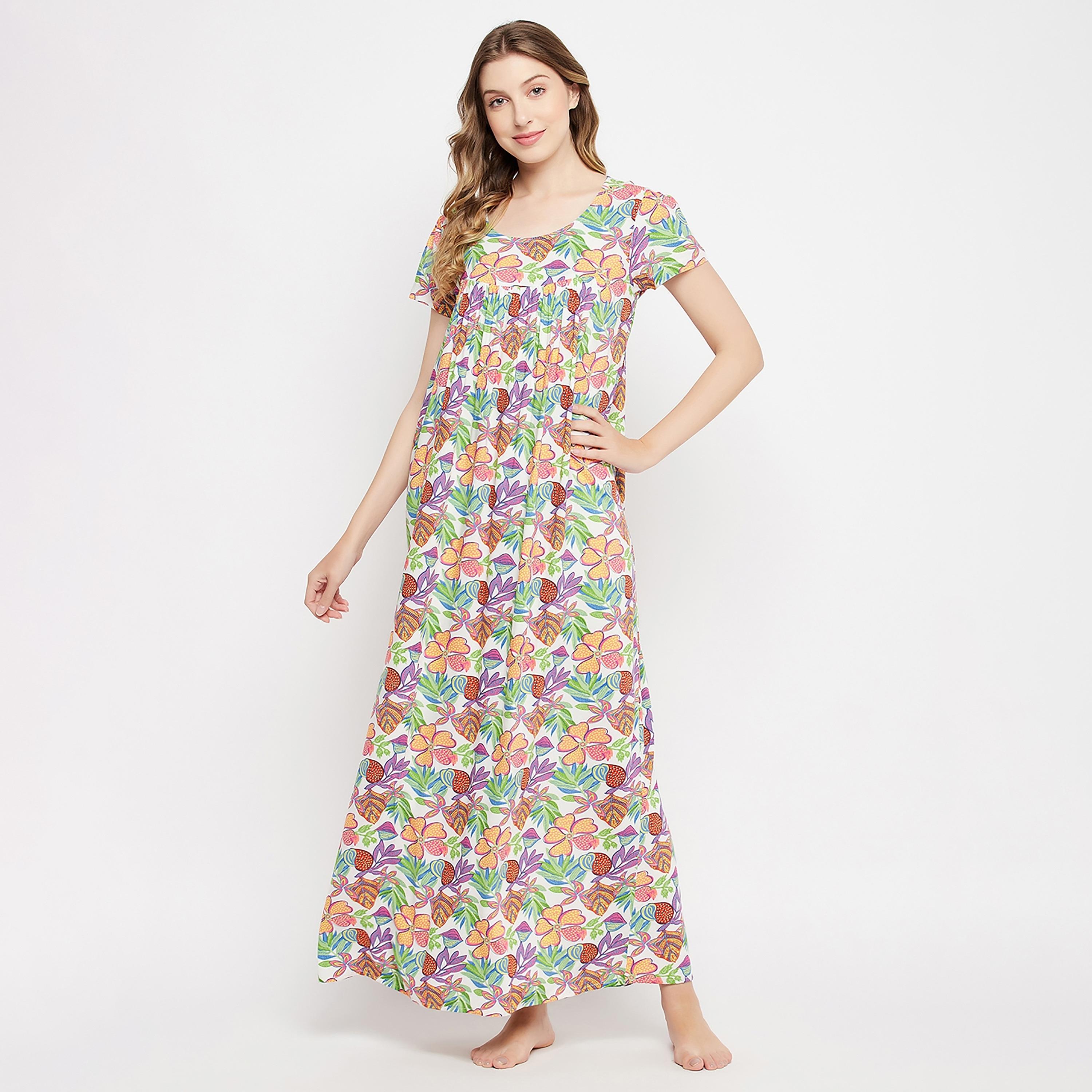Clovia Floral Round Neck Long Night Dress-women-clothing-nightwear-nighties-image-2