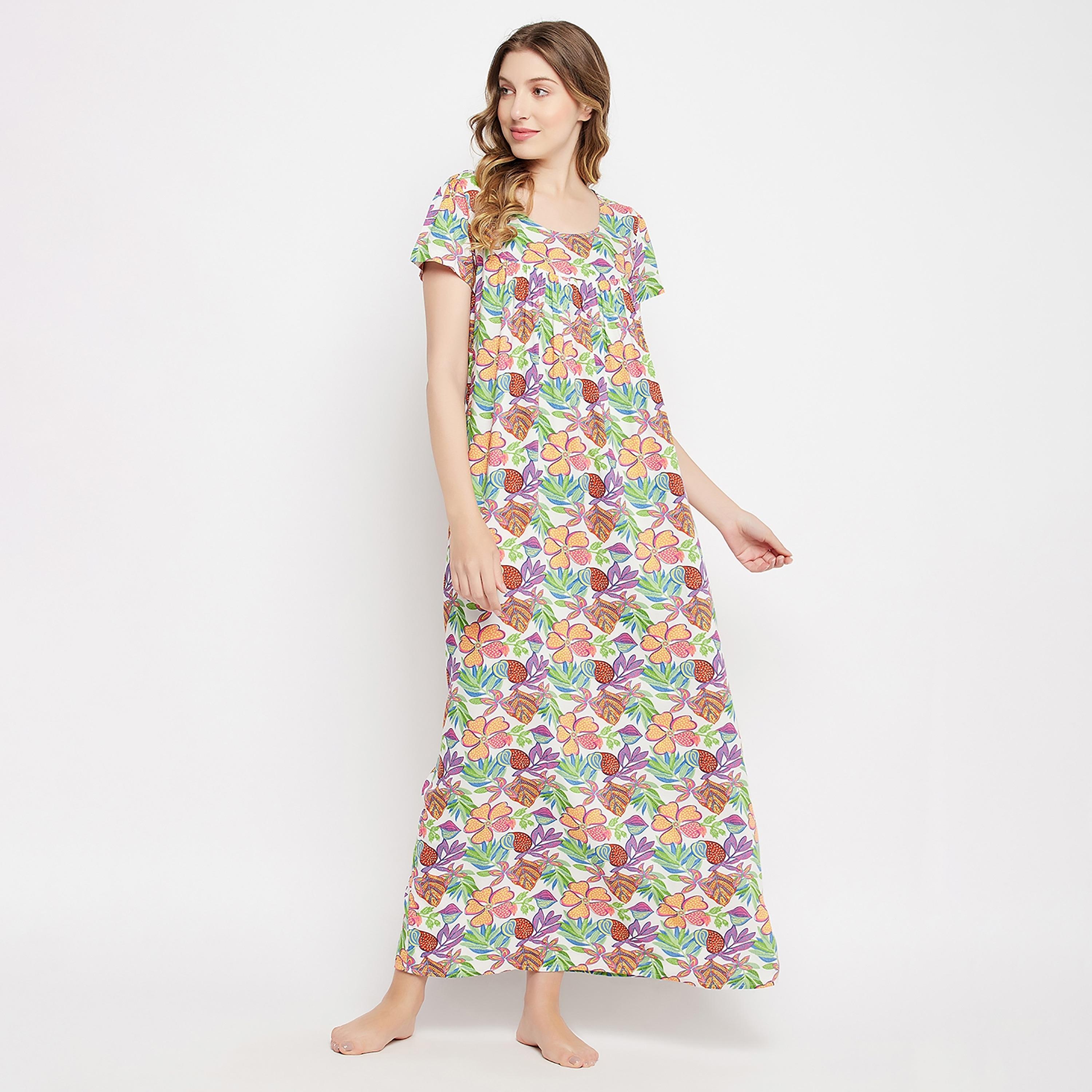 Clovia Floral Round Neck Long Night Dress-women-clothing-nightwear-nighties-image-3
