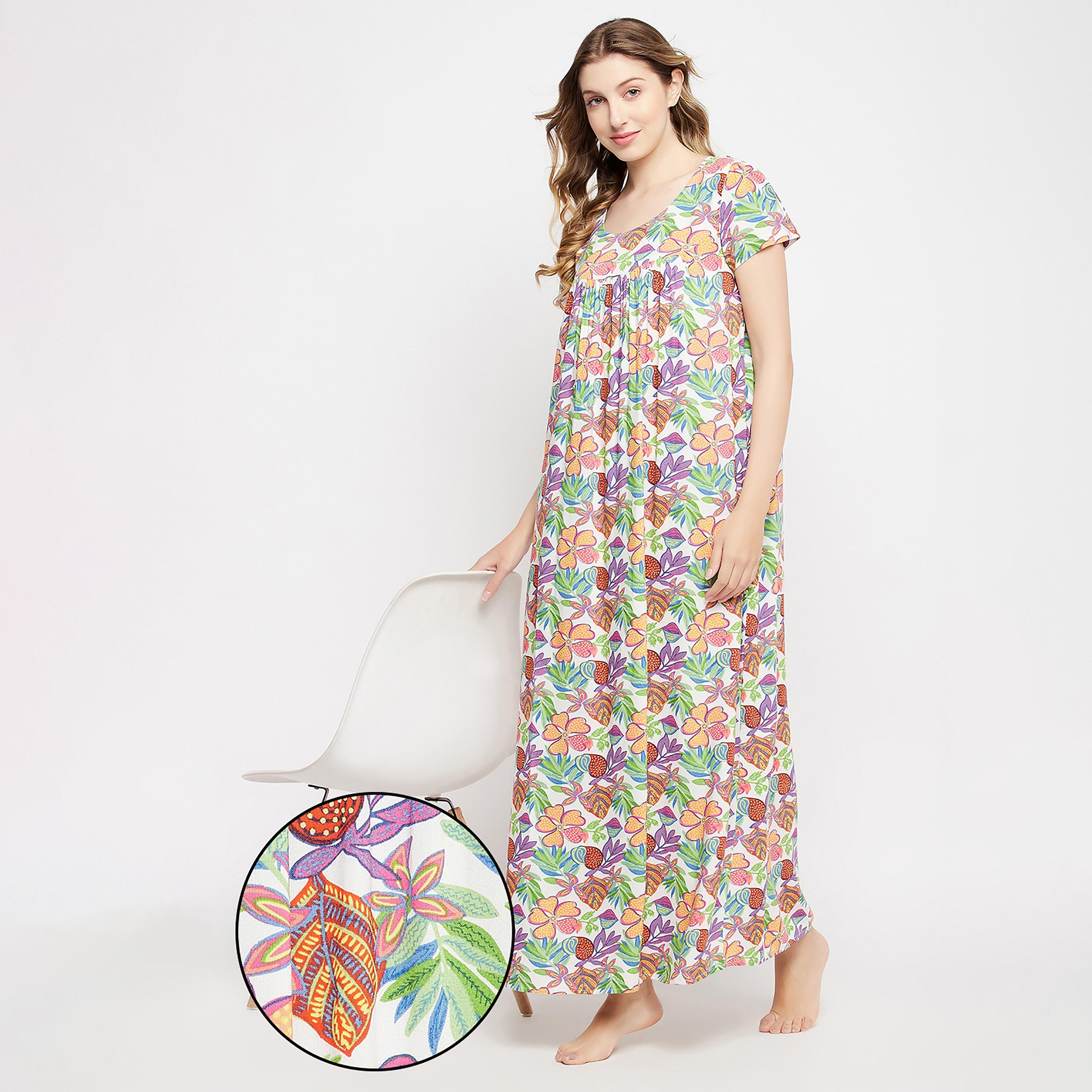 Clovia Floral Round Neck Long Night Dress-women-clothing-nightwear-nighties-image-1