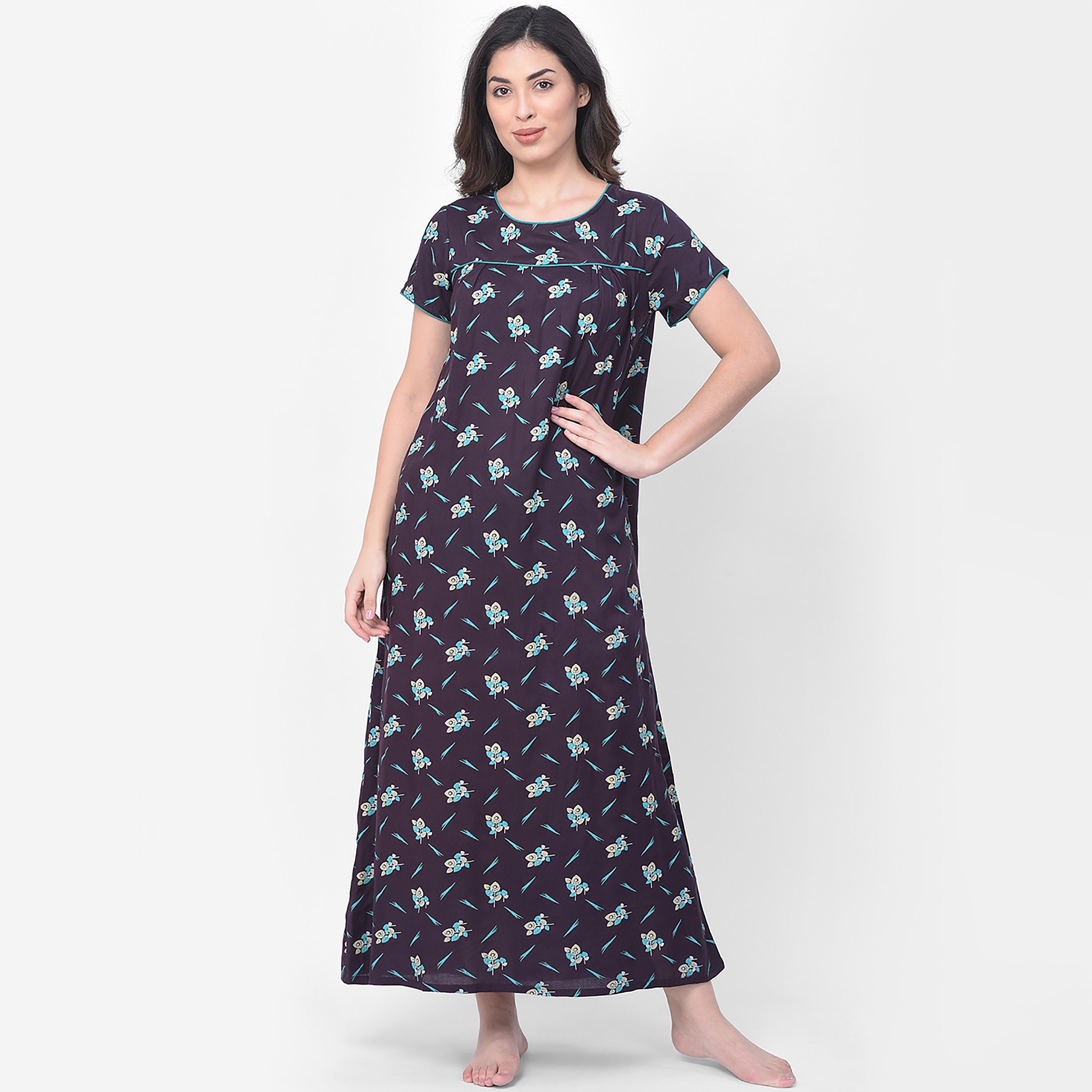 Clovia Printed Round Neck Long Night Dress-women-clothing-nightwear-nighties-image-2