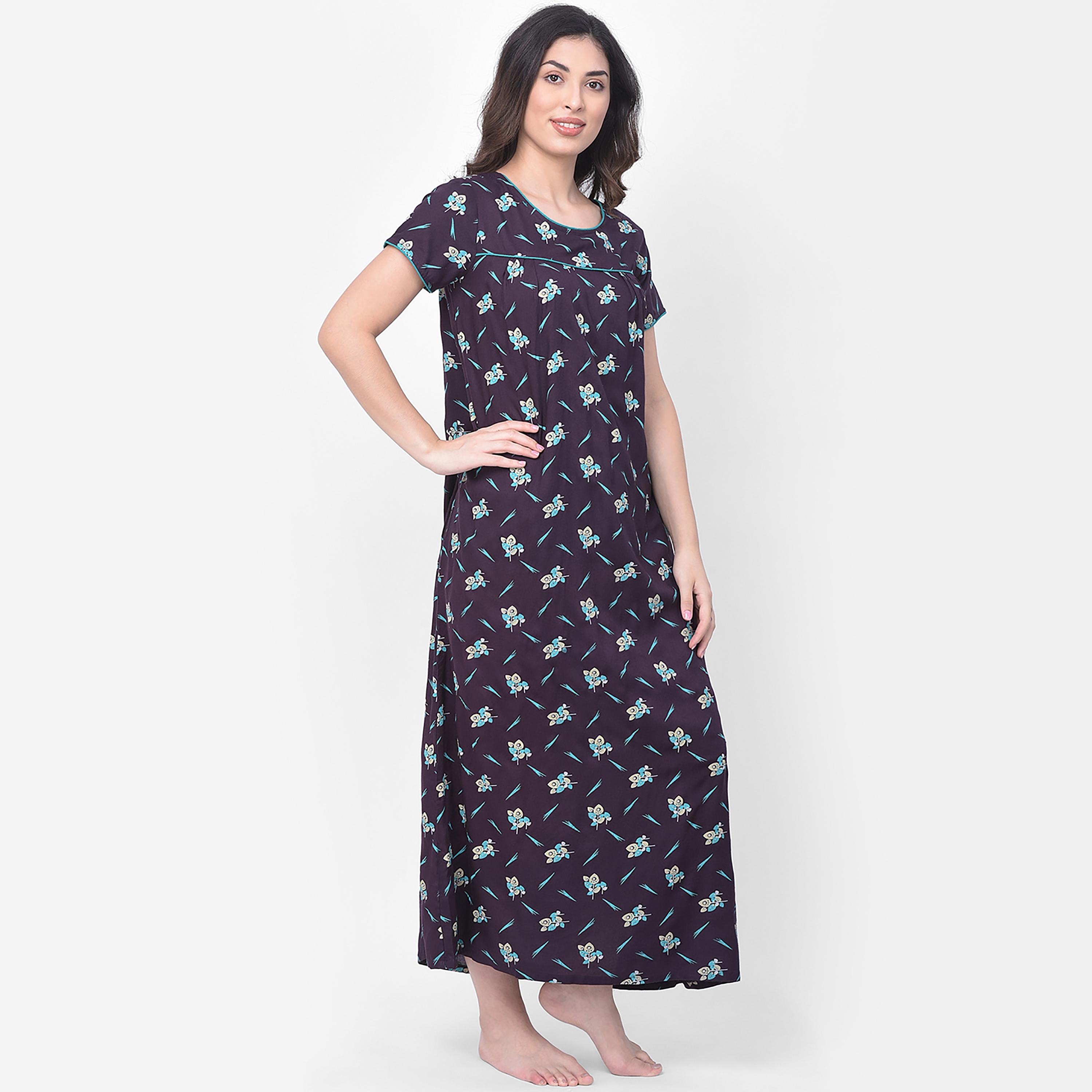 Clovia Printed Round Neck Long Night Dress-women-clothing-nightwear-nighties-image-3