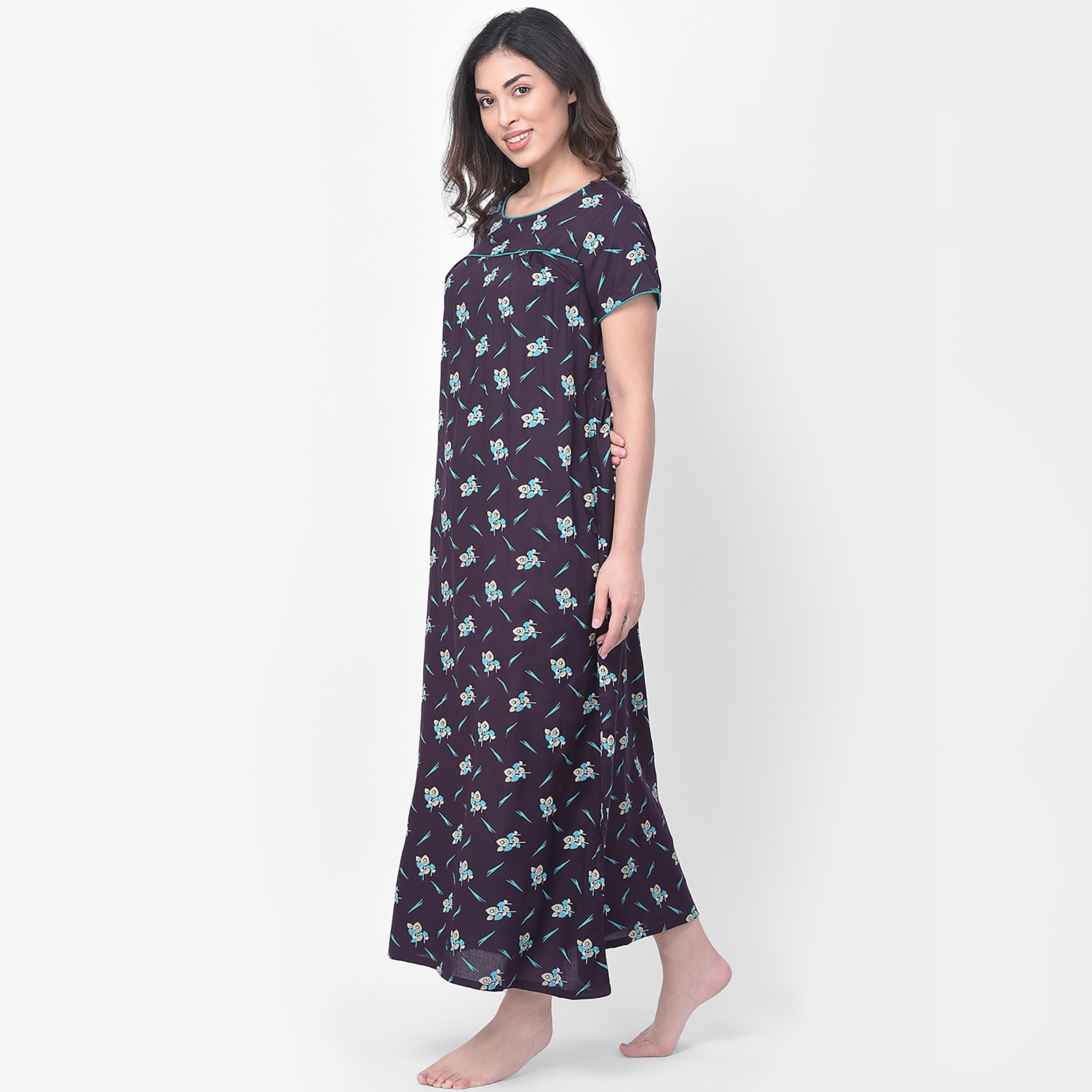 Clovia Printed Round Neck Long Night Dress-women-clothing-nightwear-nighties-image-4