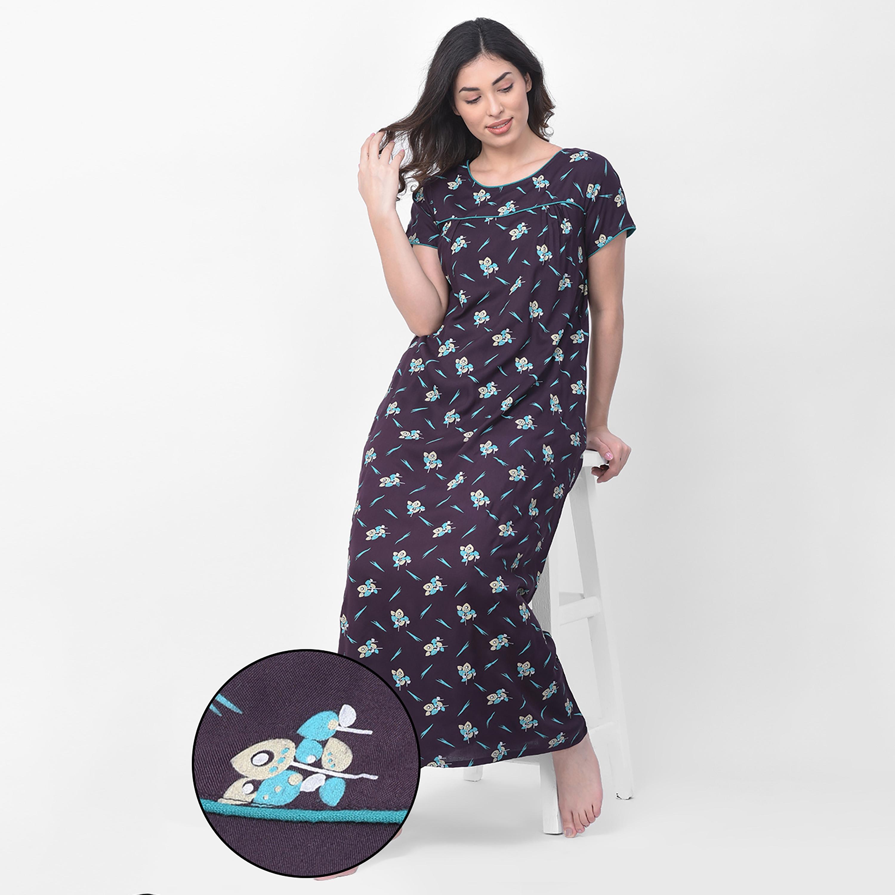 Clovia Printed Round Neck Long Night Dress-women-clothing-nightwear-nighties-image-1