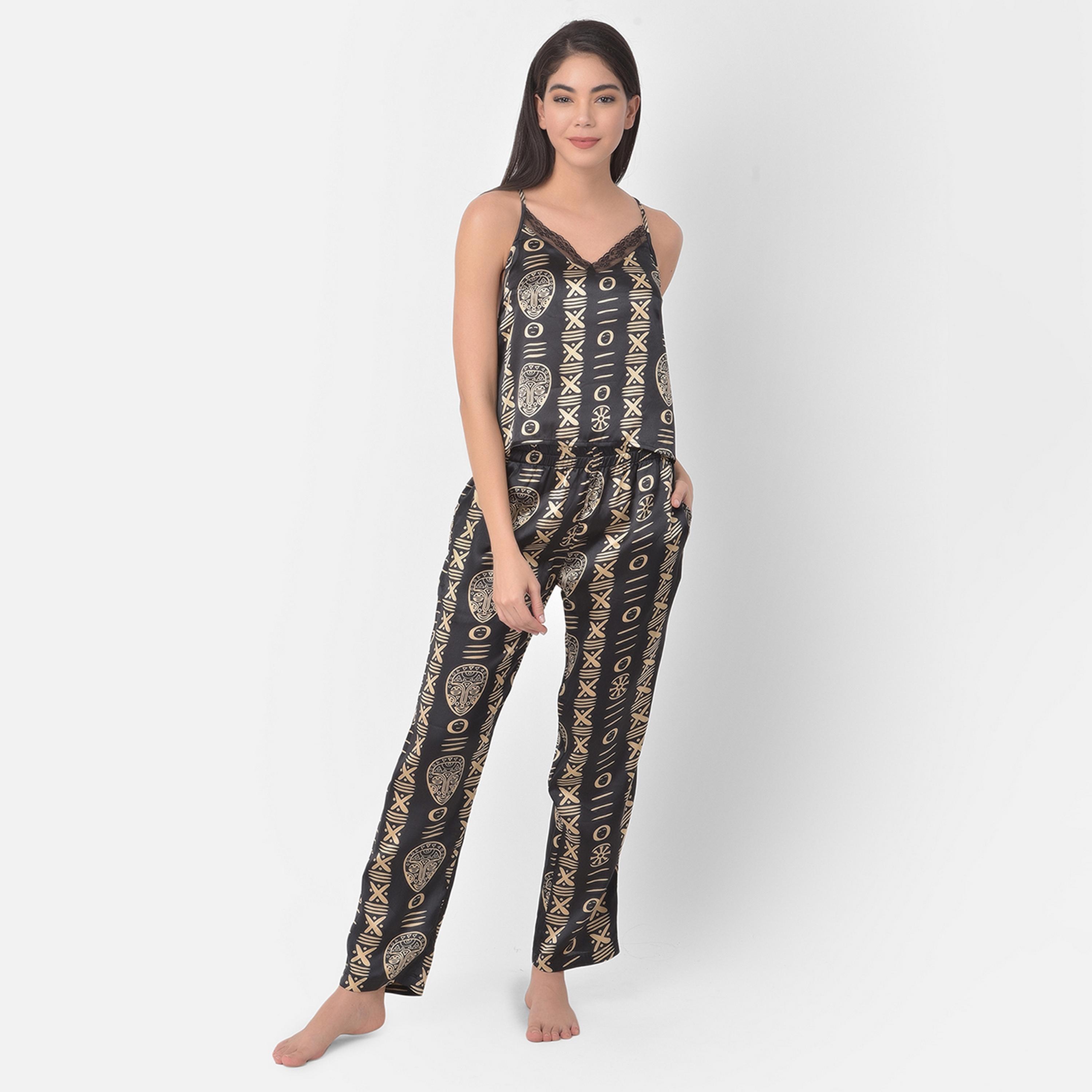 Clovia Tribal Print Women's Cami Top & Pyjama in Black - Satin-women-clothing-nightwear-pyjamas-longsets-image-1