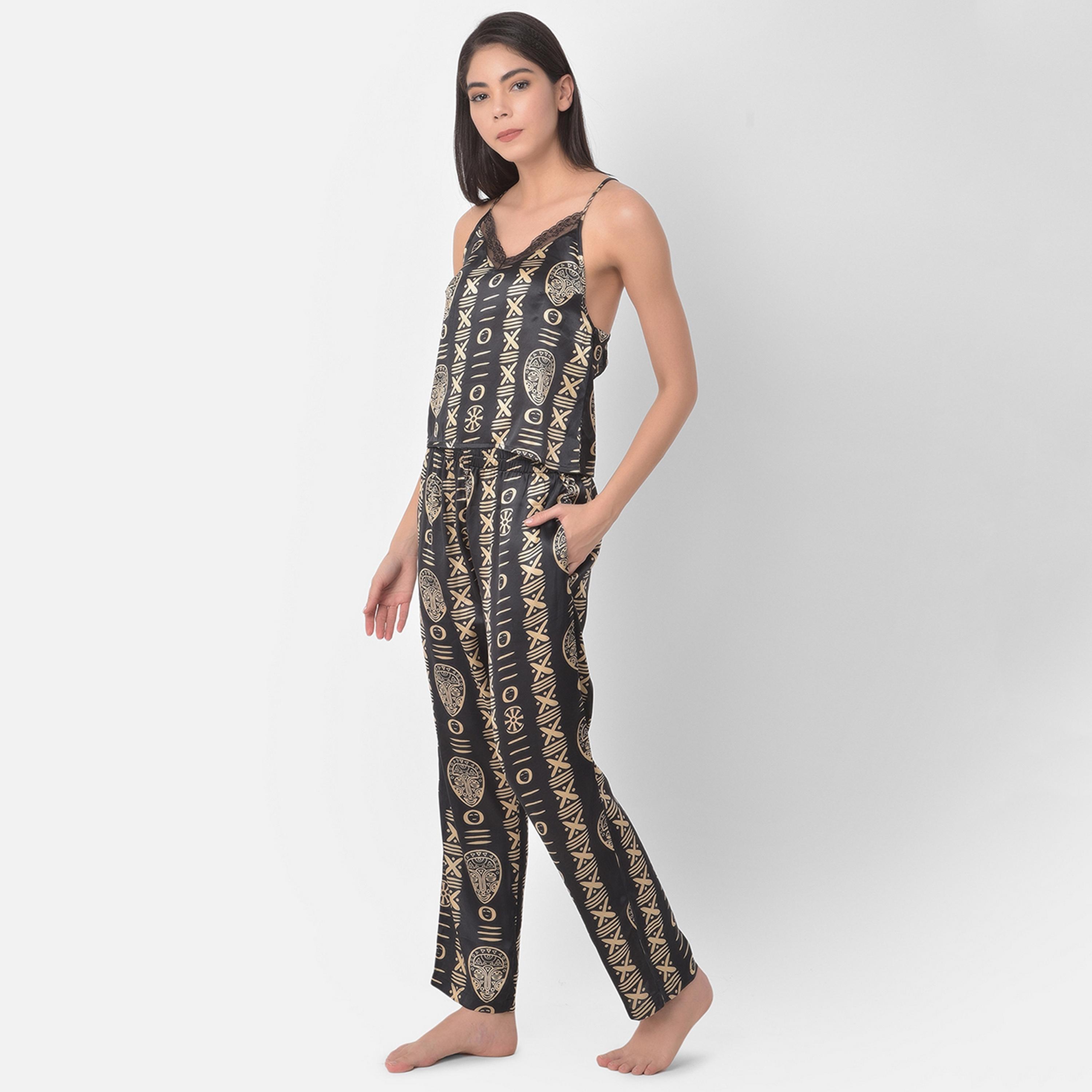 Clovia Tribal Print Women's Cami Top & Pyjama in Black - Satin-women-clothing-nightwear-pyjamas-longsets-image-2