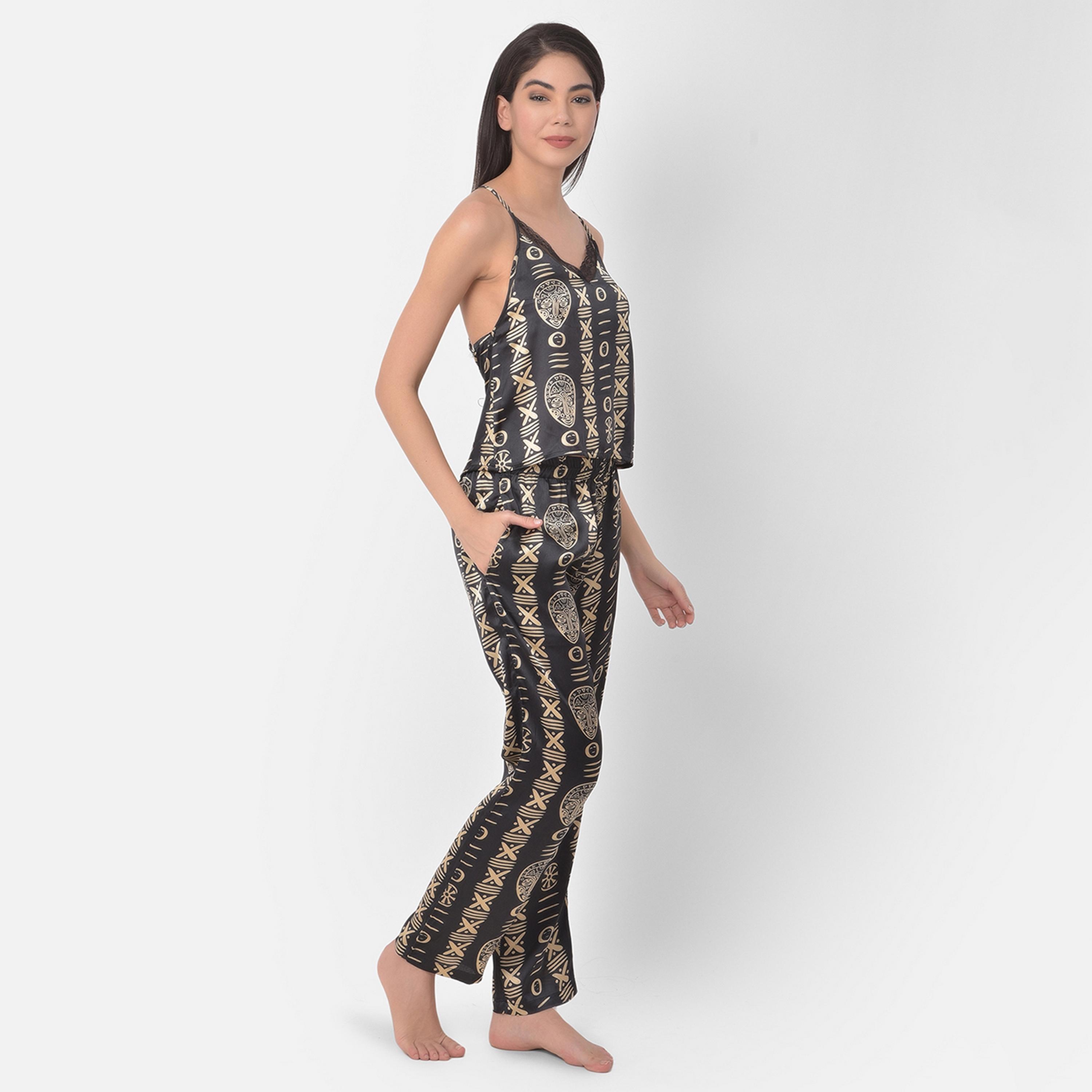 Clovia Tribal Print Women's Cami Top & Pyjama in Black - Satin-women-clothing-nightwear-pyjamas-longsets-image-3