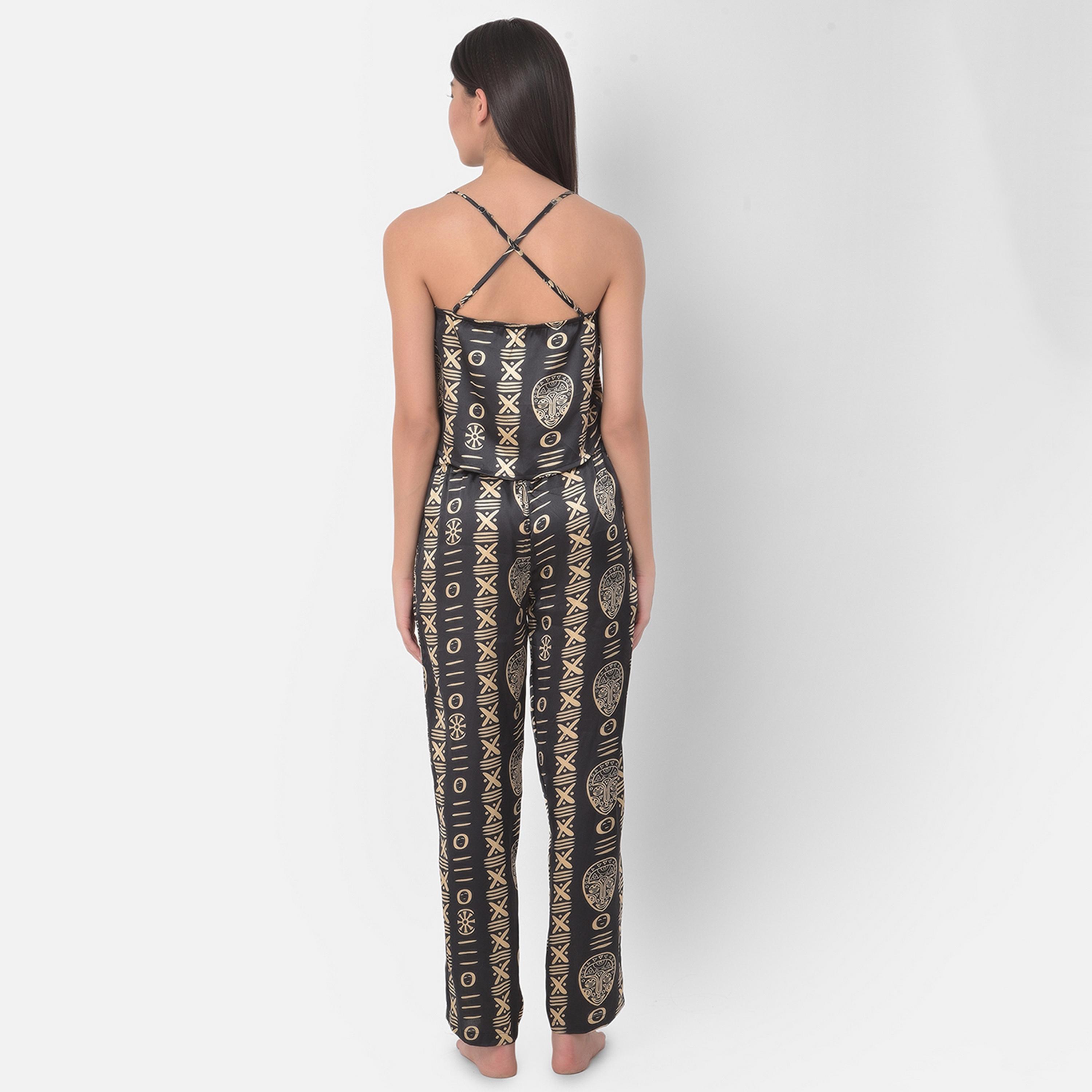Clovia Tribal Print Women's Cami Top & Pyjama in Black - Satin-women-clothing-nightwear-pyjamas-longsets-image-4