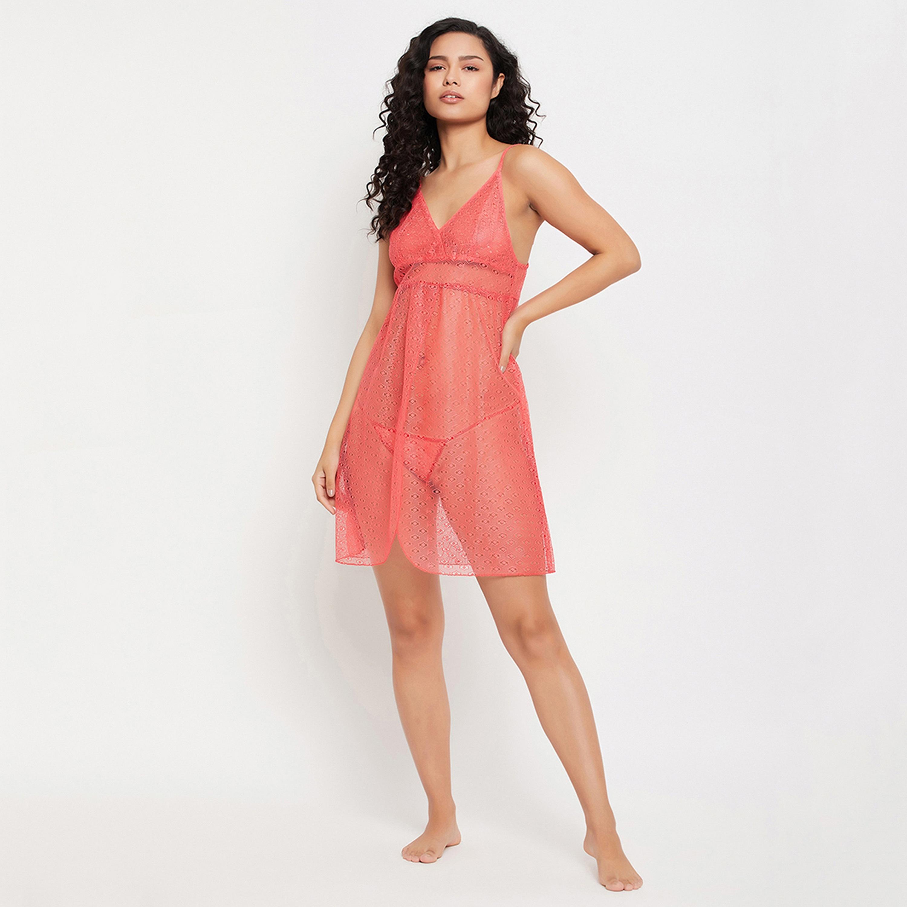 Clovia Chic Basic Self-Patterned Sheer Women's Babydoll in Orange with G-string - Lace-women-clothing-lingerie-babydollsandbodysuits-image-2