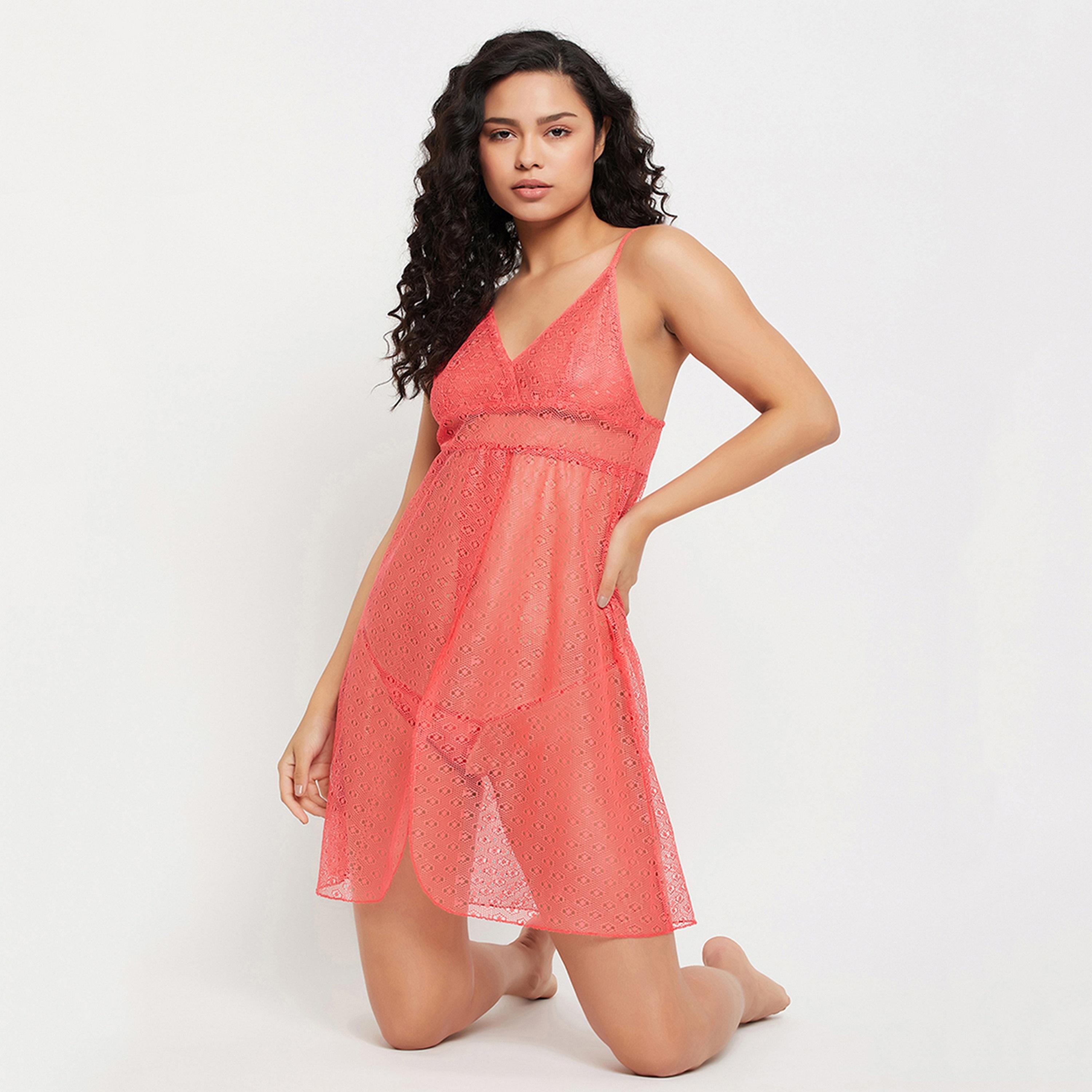Clovia Chic Basic Self-Patterned Sheer Women's Babydoll in Orange with G-string - Lace-women-clothing-lingerie-babydollsandbodysuits-image-7