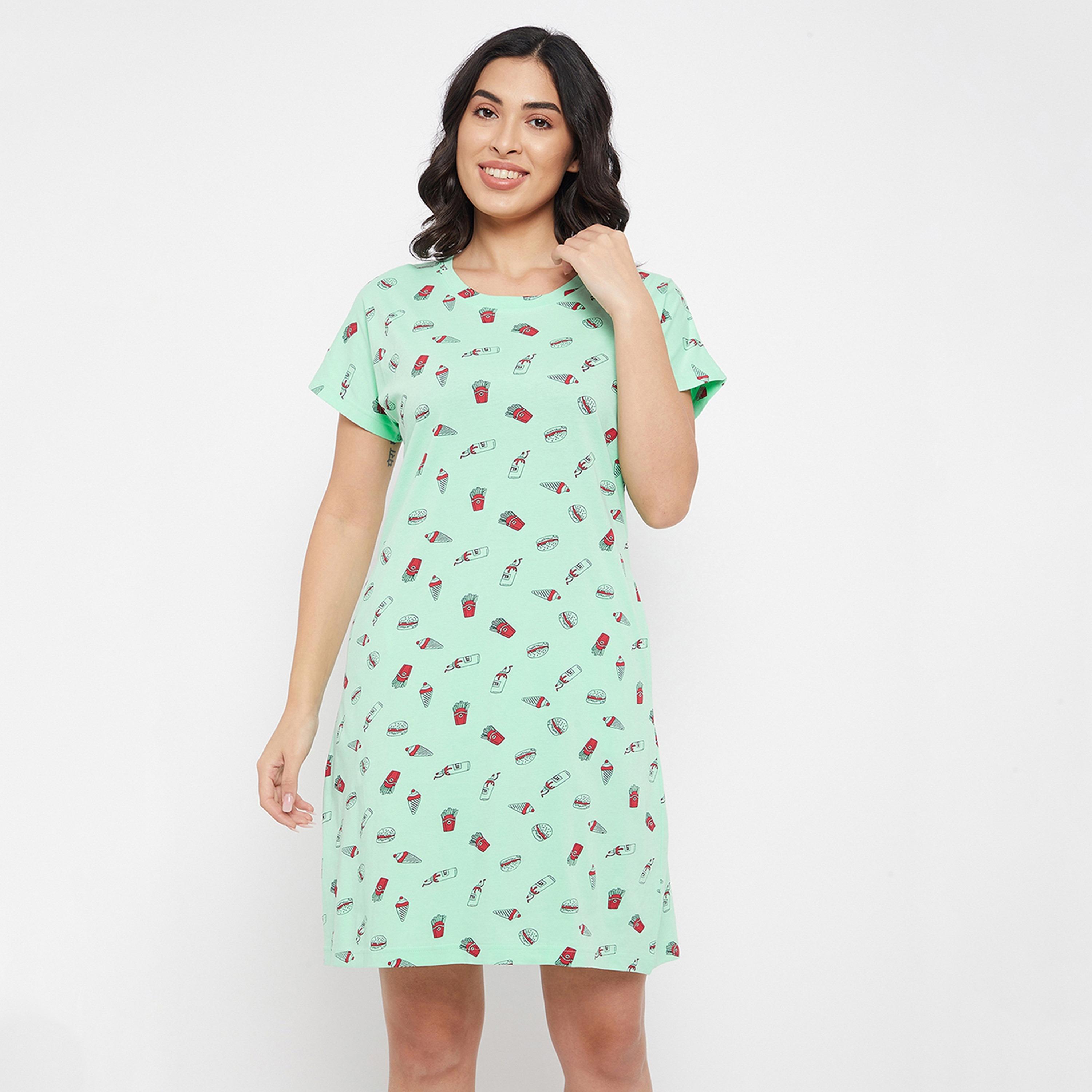 Clovia Print Me Pretty Women's Short Night Dress in Mint Green - Pure Cotton-women-clothing-nightwear-nighties-image-1