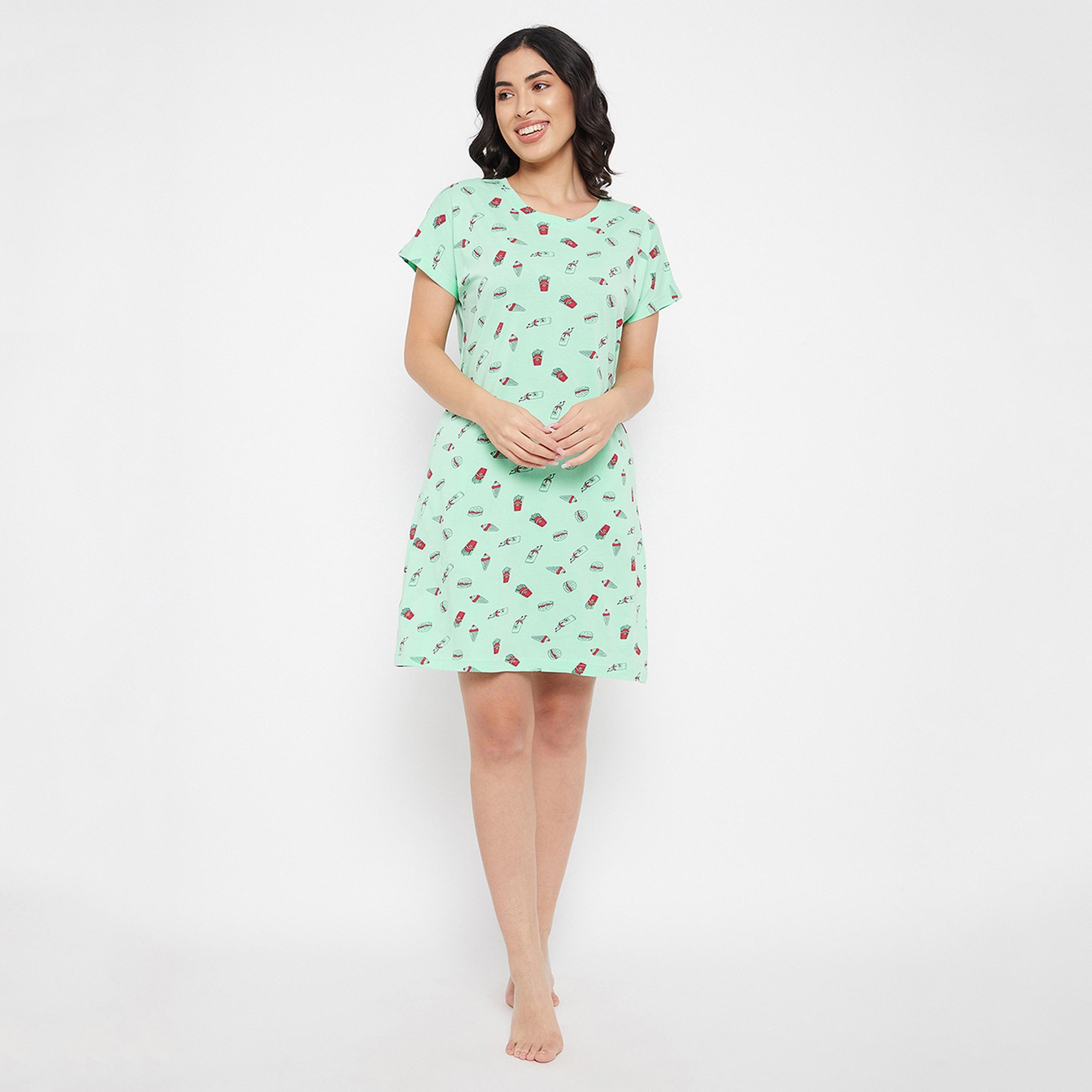 Clovia Print Me Pretty Women's Short Night Dress in Mint Green - Pure Cotton-women-clothing-nightwear-nighties-image-2