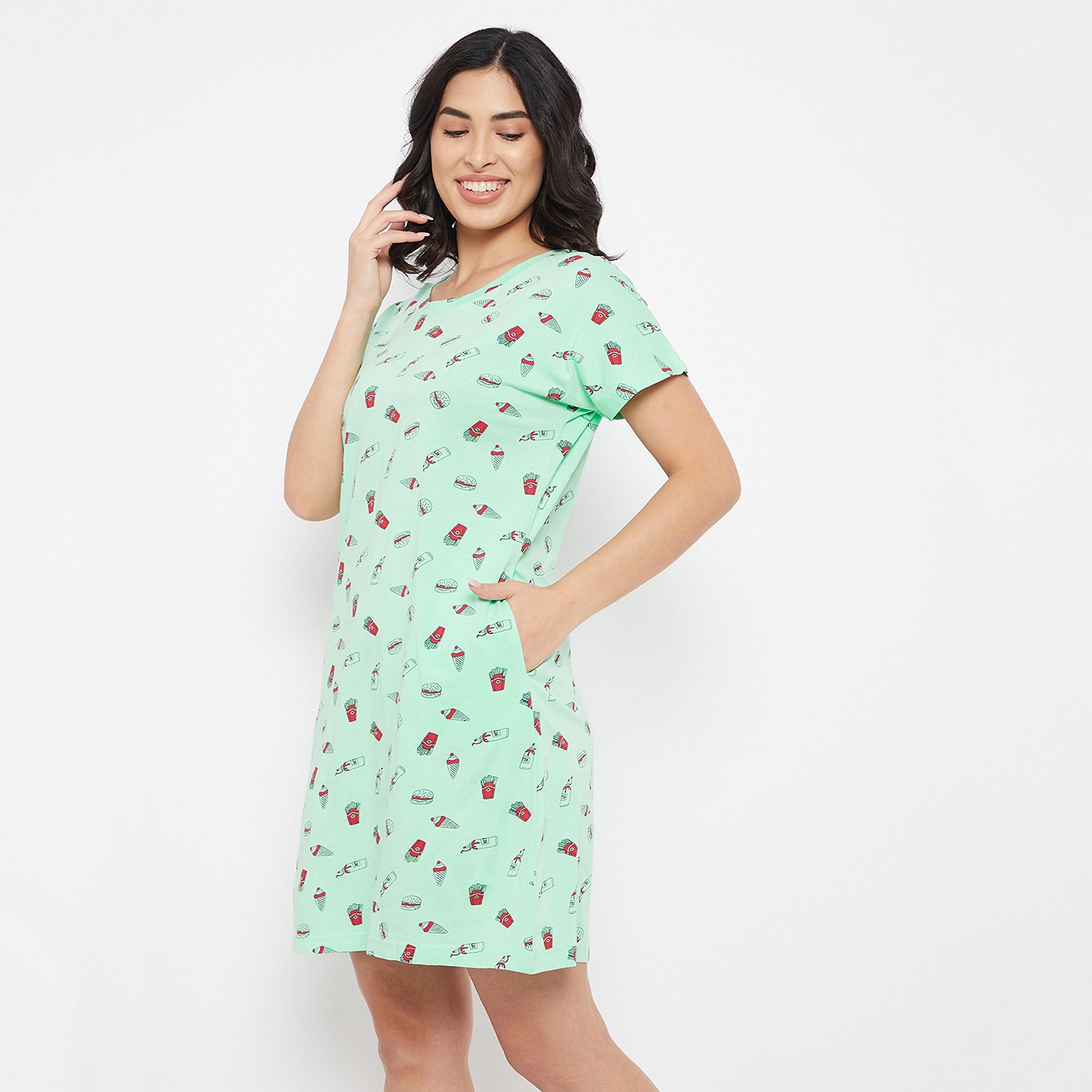 Clovia Print Me Pretty Women's Short Night Dress in Mint Green - Pure Cotton-women-clothing-nightwear-nighties-image-3