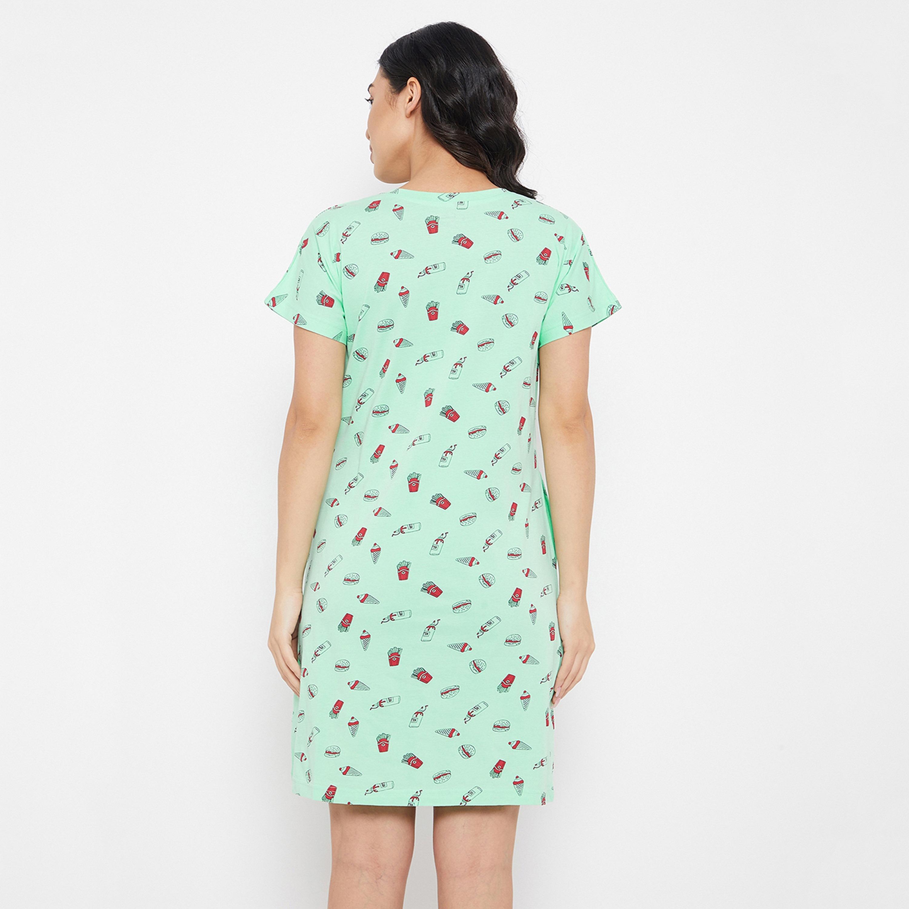 Clovia Print Me Pretty Women's Short Night Dress in Mint Green - Pure Cotton-women-clothing-nightwear-nighties-image-5