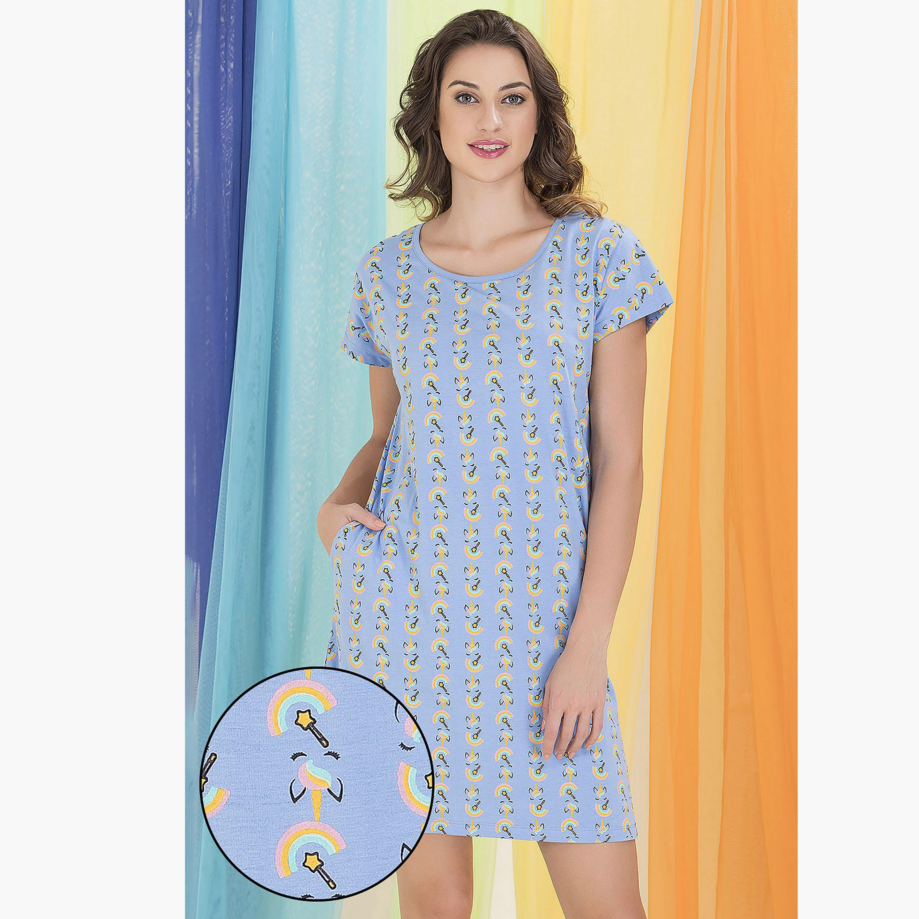 Clovia Printed Round Neck Night Dress-women-clothing-nightwear-nighties-image-1