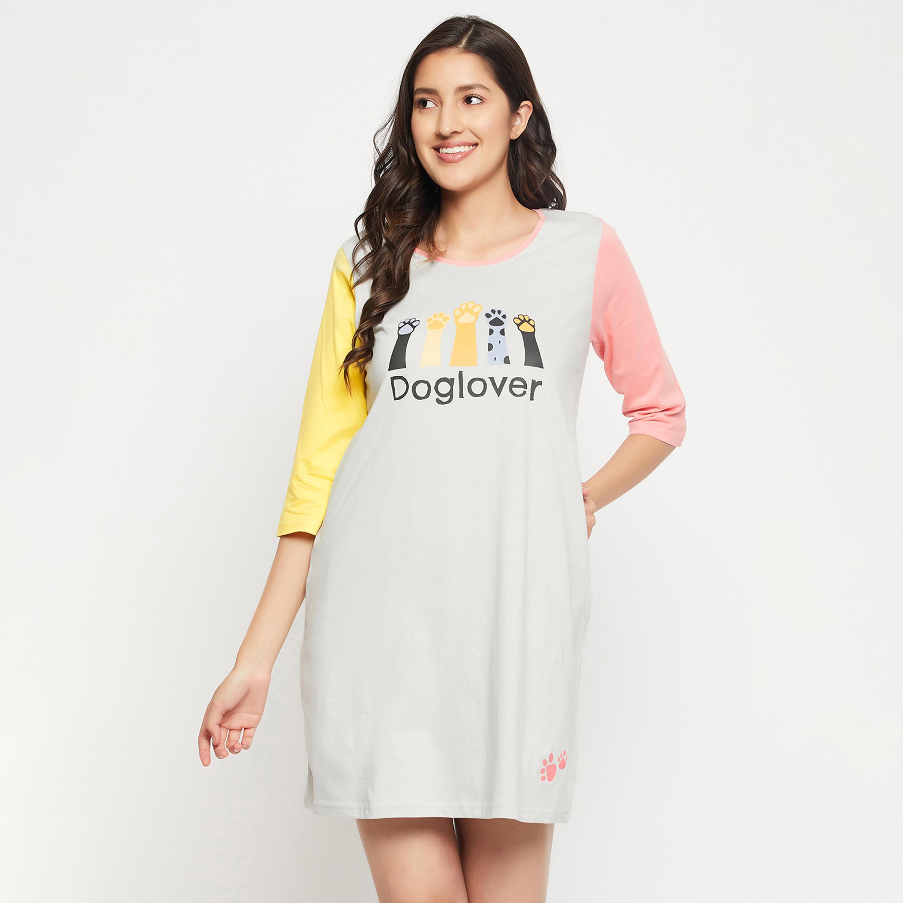 Clovia Graphic Print Colour Blocked Women's Short Night Dress in Grey - 100% Cotton-women-clothing-nightwear-nighties-image-1