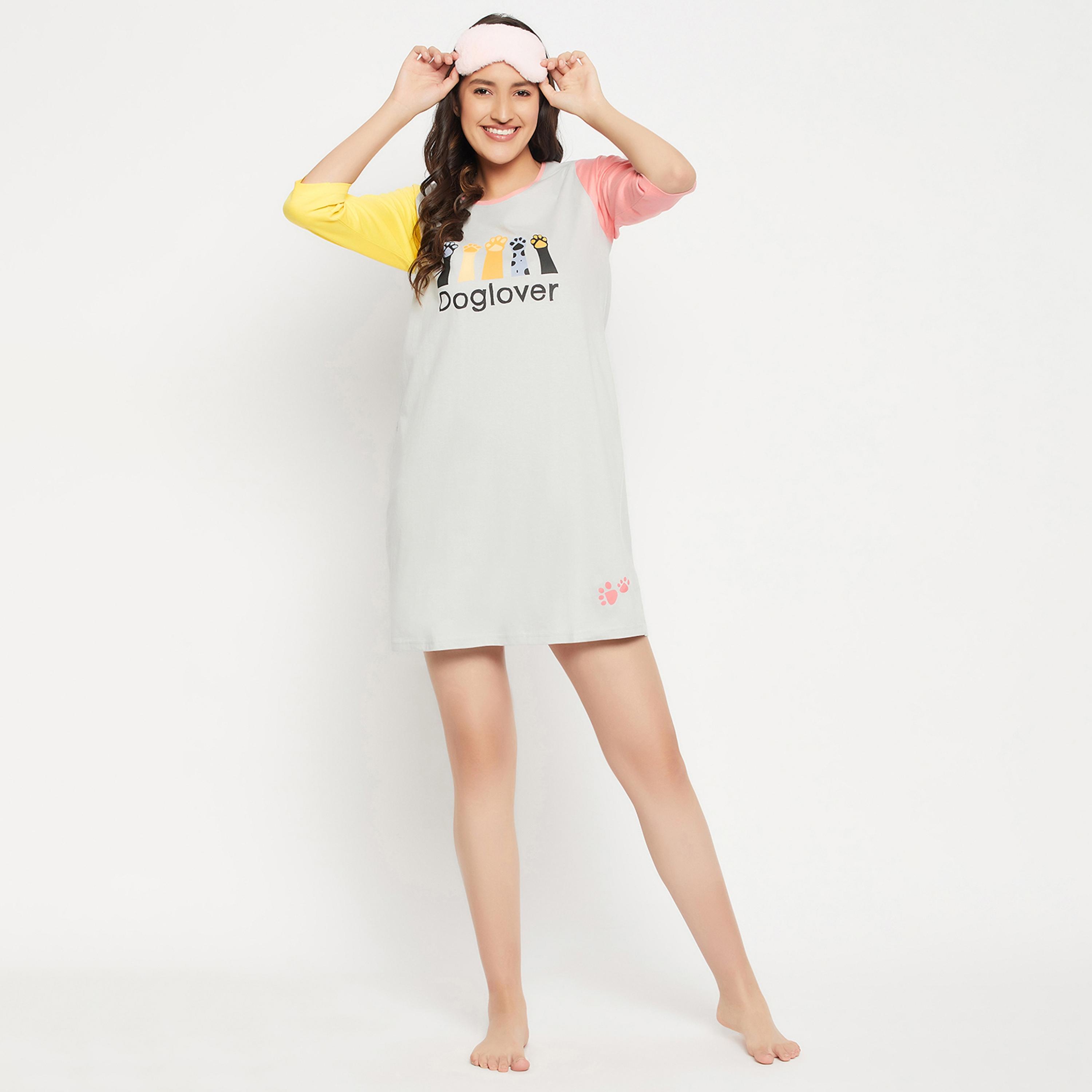 Clovia Graphic Print Colour Blocked Women's Short Night Dress in Grey - 100% Cotton-women-clothing-nightwear-nighties-image-2